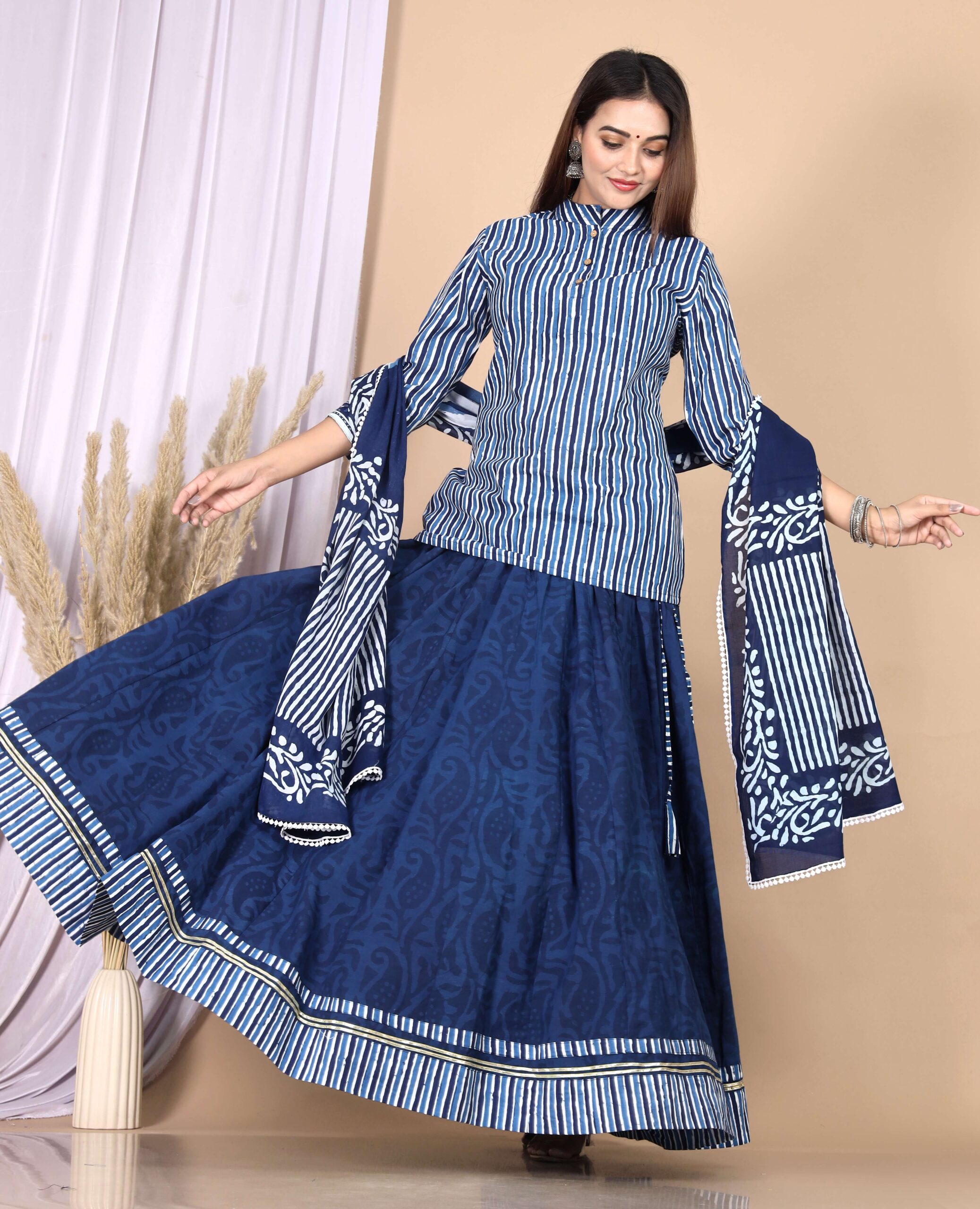 Women’s Blue Cotton Printed Lehenga Choli Dupatta Set