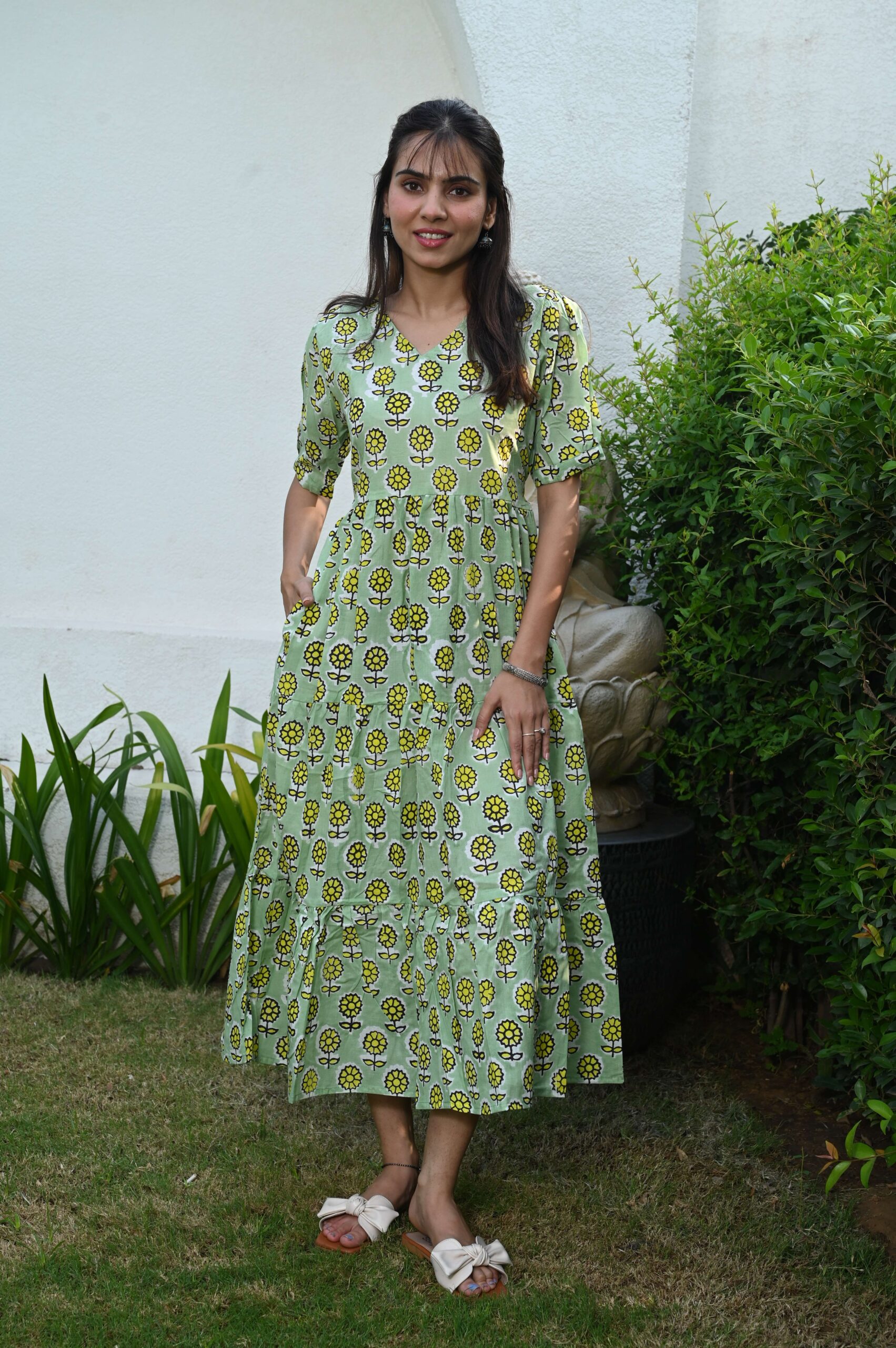 Light Green Floral Printed Cotton Anarkali Maxi Dress with Puff Sleeves Elegant Casual Wear