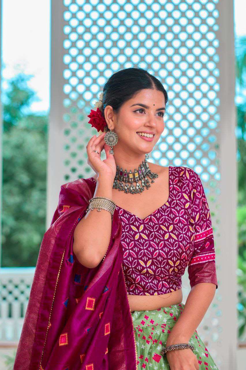 Light Green Tussar Silk Lehenga Choli with Maroon Blouse | Minakari & Foil Print | Wedding & Festive Wear