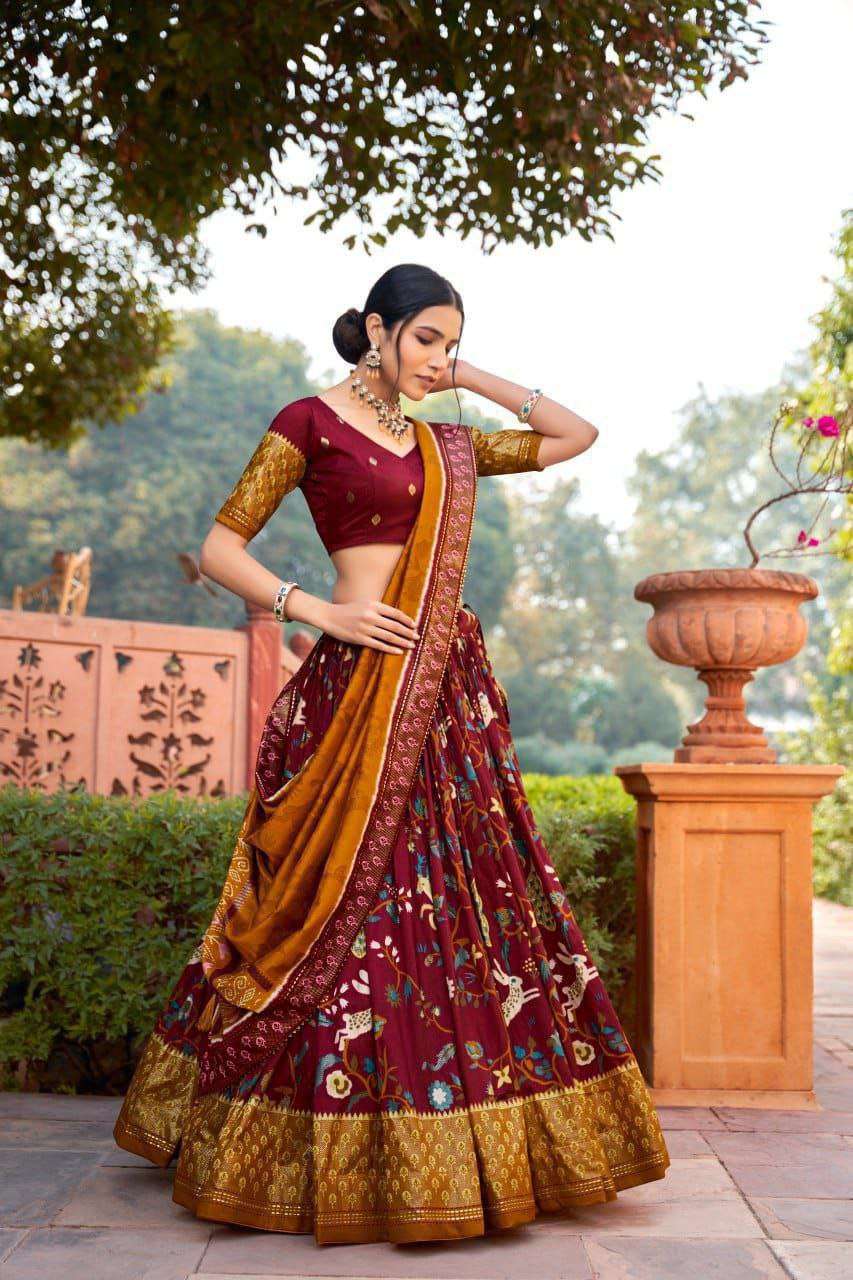 Magenta Maroon Tussar Silk Lehenga Choli with Magenta Maroon Blouse | Minakari & Foil Print | Wedding & Festive Wear