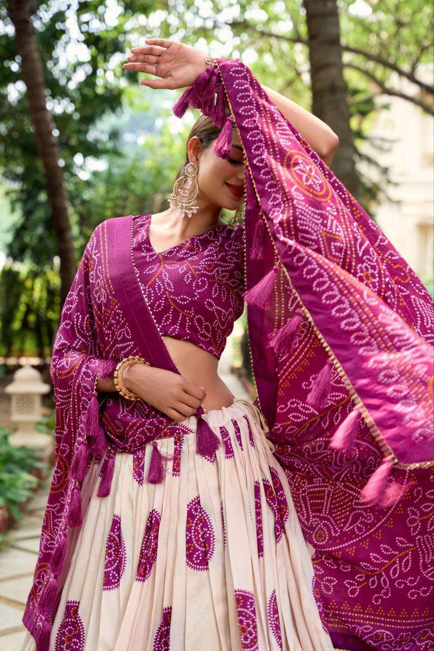 White Dola Silk Lehenga Choli with Purple Blouse & Dupatta | Bandhej & Patola Print | Wedding & Festive Wear