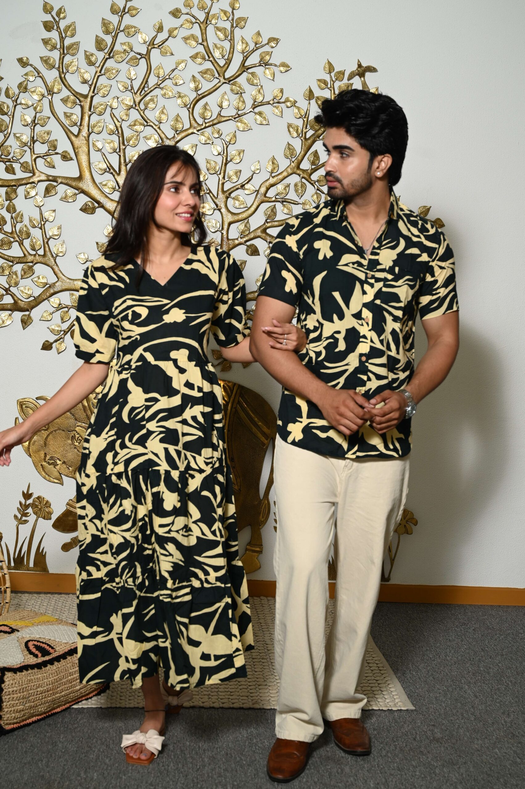 Couple Matching Black Printed Cotton Anarkali Midi Dress & Shirt Set ? Summer Casual Wear
