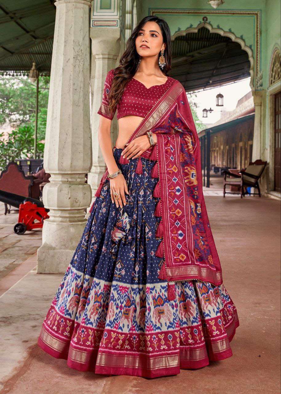 Royal Blue Tussar Silk Lehenga Choli with Maroon Blouse | Minakari & Foil Print | Wedding & Festive Wear