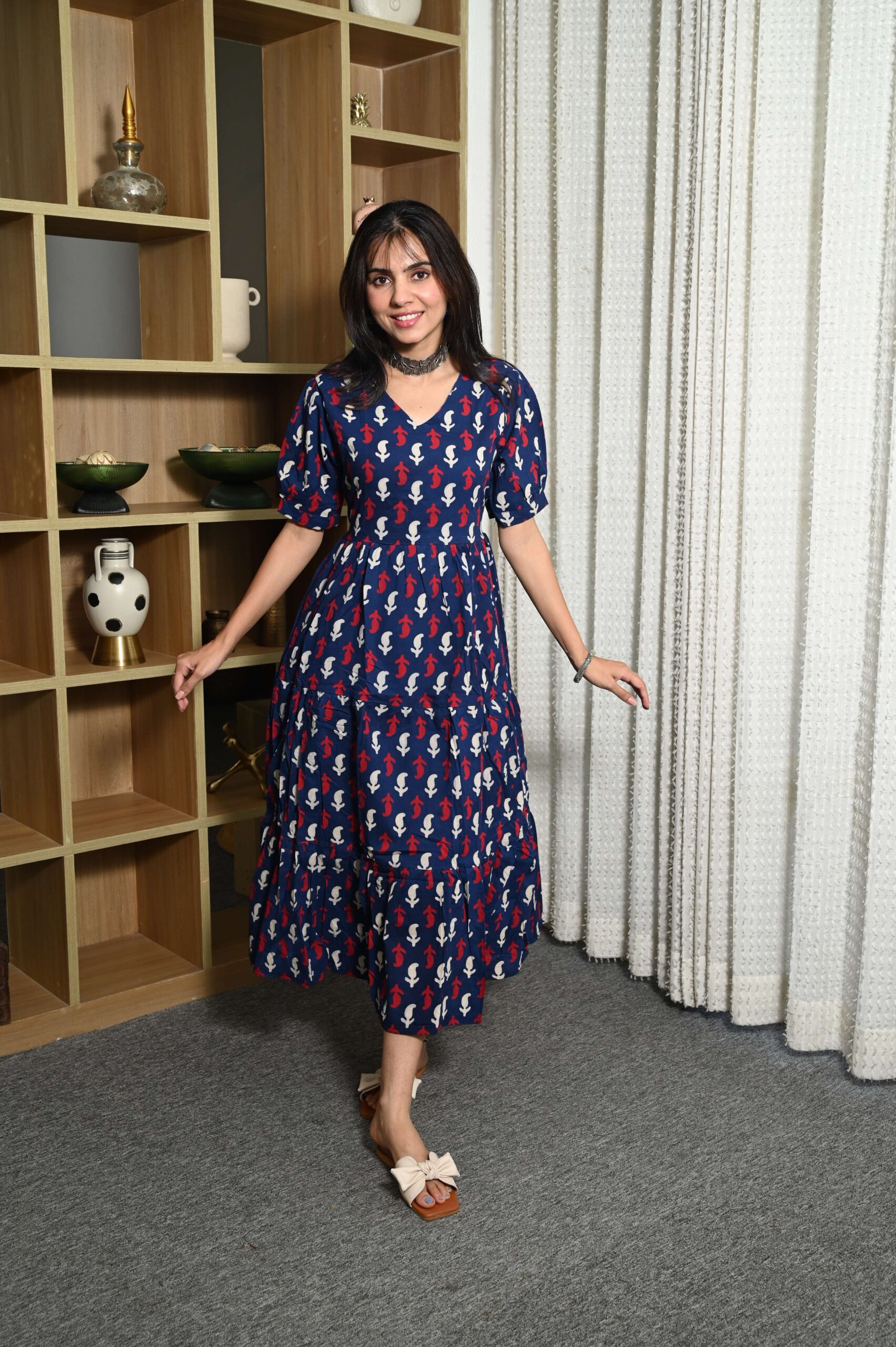 Navy-Blue Printed Cotton Anarkali Maxi Dress with Puff Sleeves Elegant Casual Wear