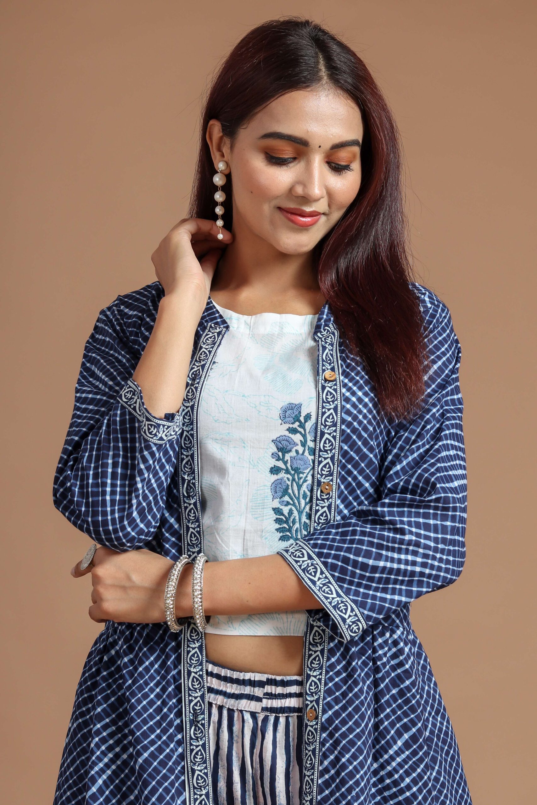 Women's Printed Long Shrug with Crop Top & Striped Pant Set