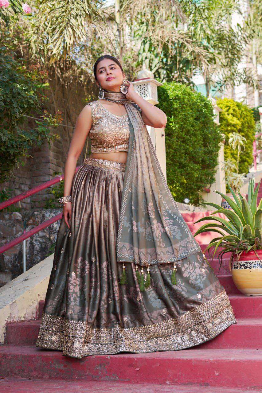 Greyish Maslin Sarting Lehenga Choli with Golden Blouse | Digital Print & Embroidery Work | Wedding & Festive Wear