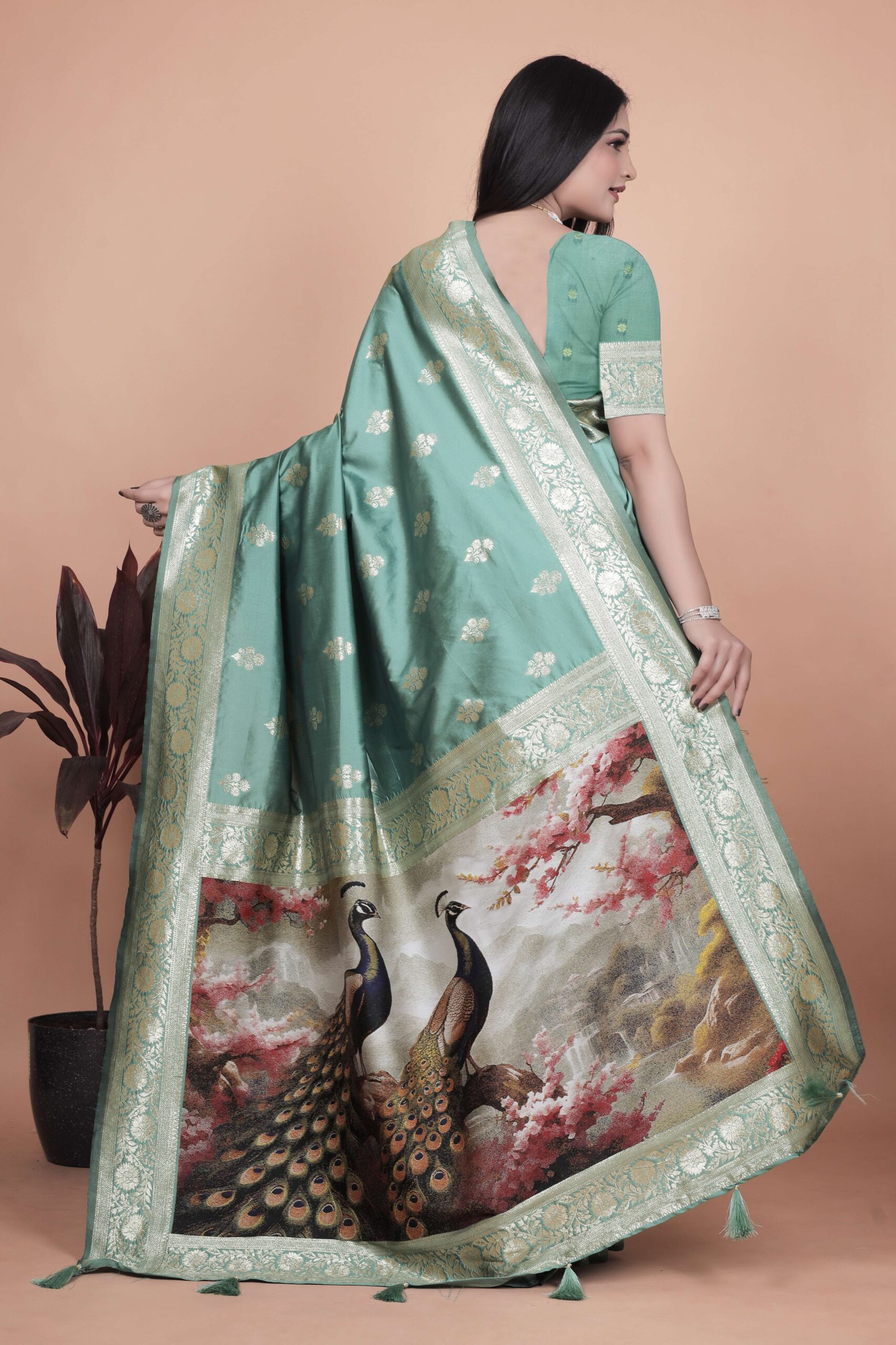 Elegant Sea Green Silk Saree with Golden Zari & Peacock Motif Pallu | Wedding, Festive & Traditional Wear