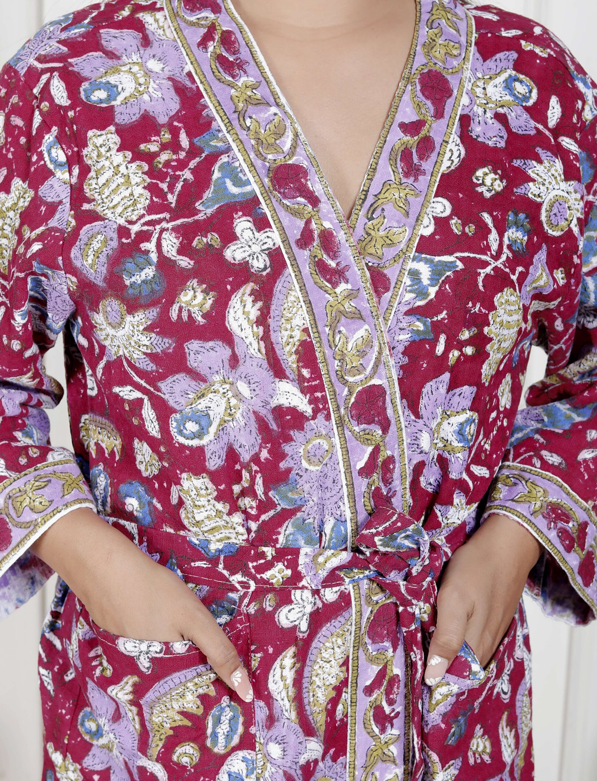 Handcrafted Cotton Block Printed Long Robe | Comfortable Loungewear & Bathrobe for Women