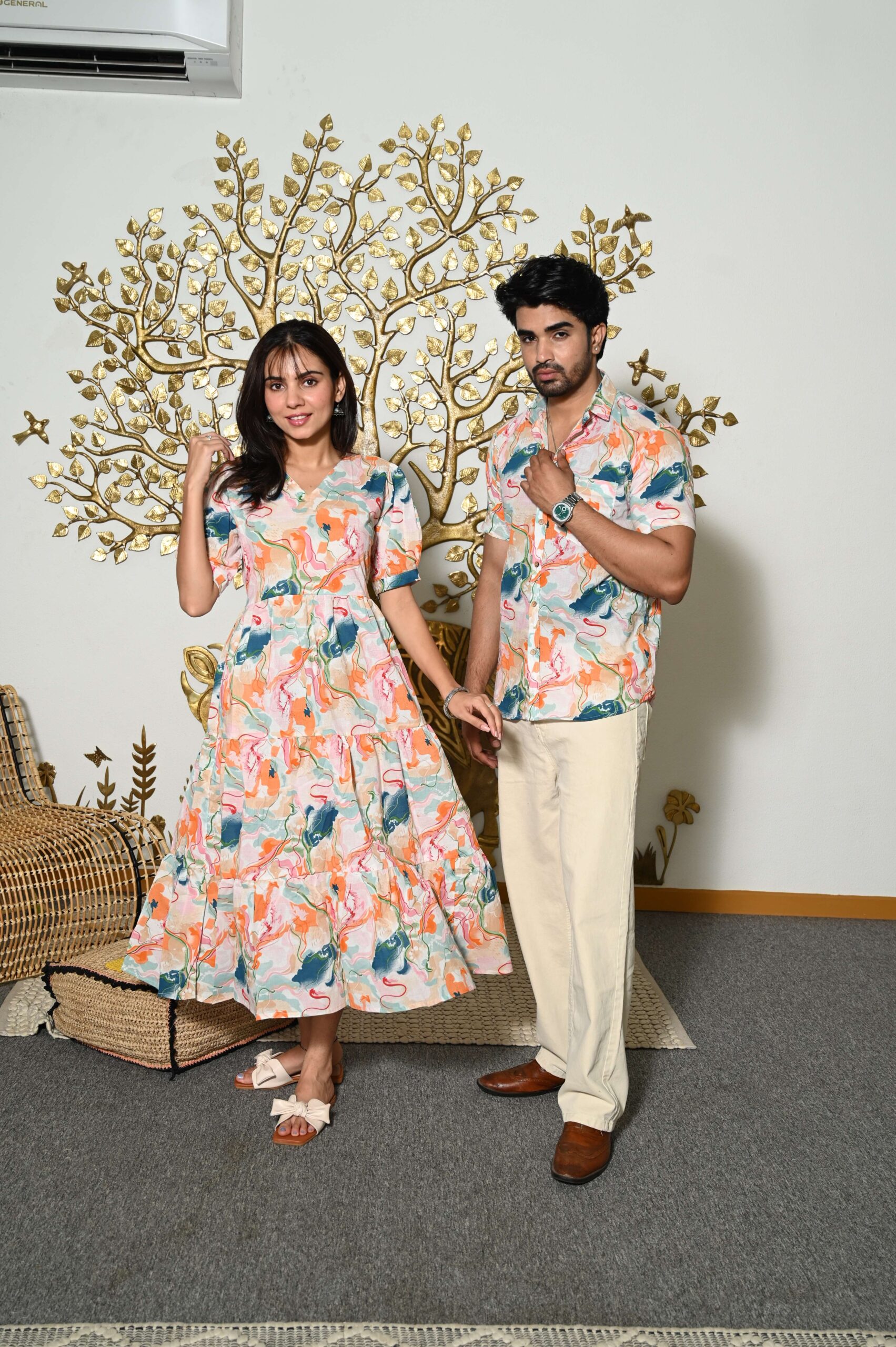 Couple Matching Abstract Print Cotton Anarkali Midi Dress & Shirt Set ? Multicolor Summer Outfit