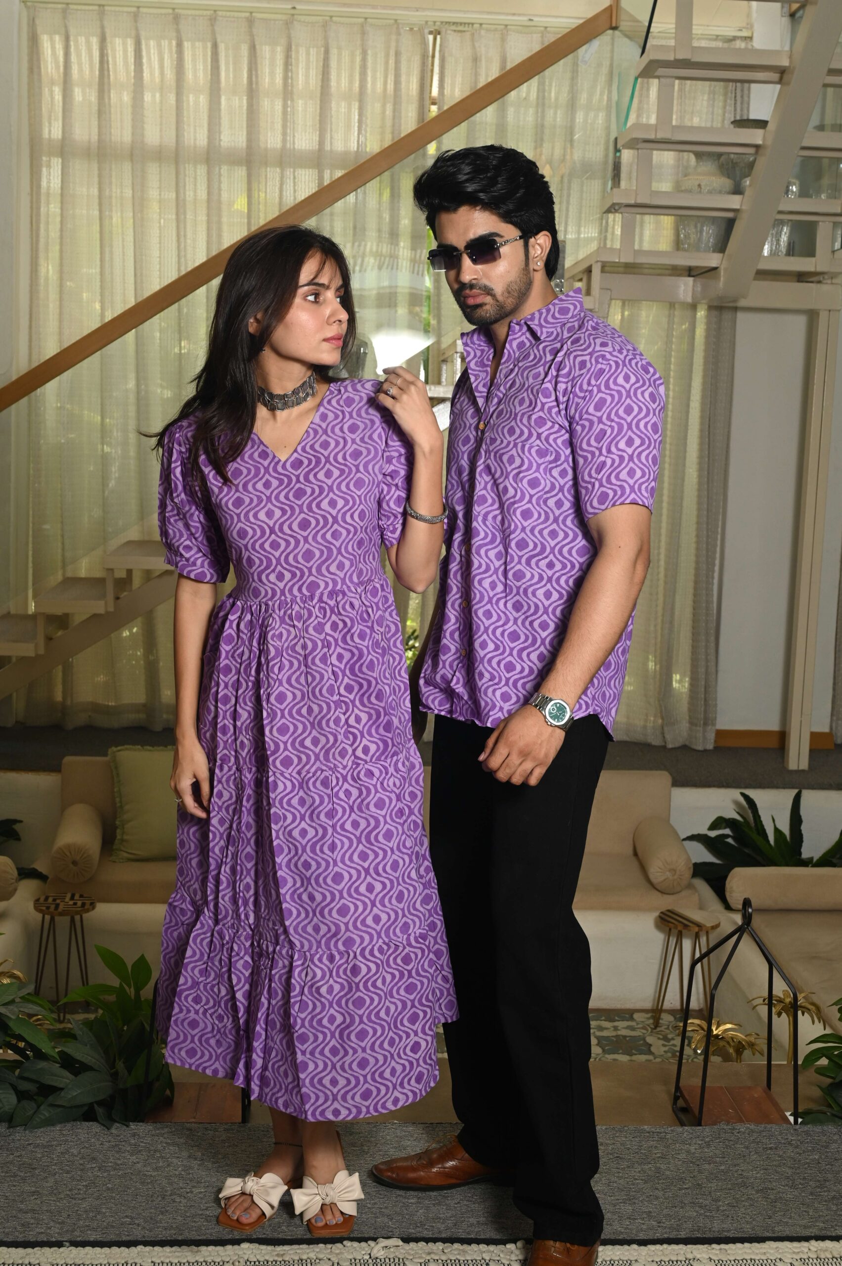 Couple Matching Purple Cotton Anarkali Midi Dress and Shirt Set ? Geometric Wave Print