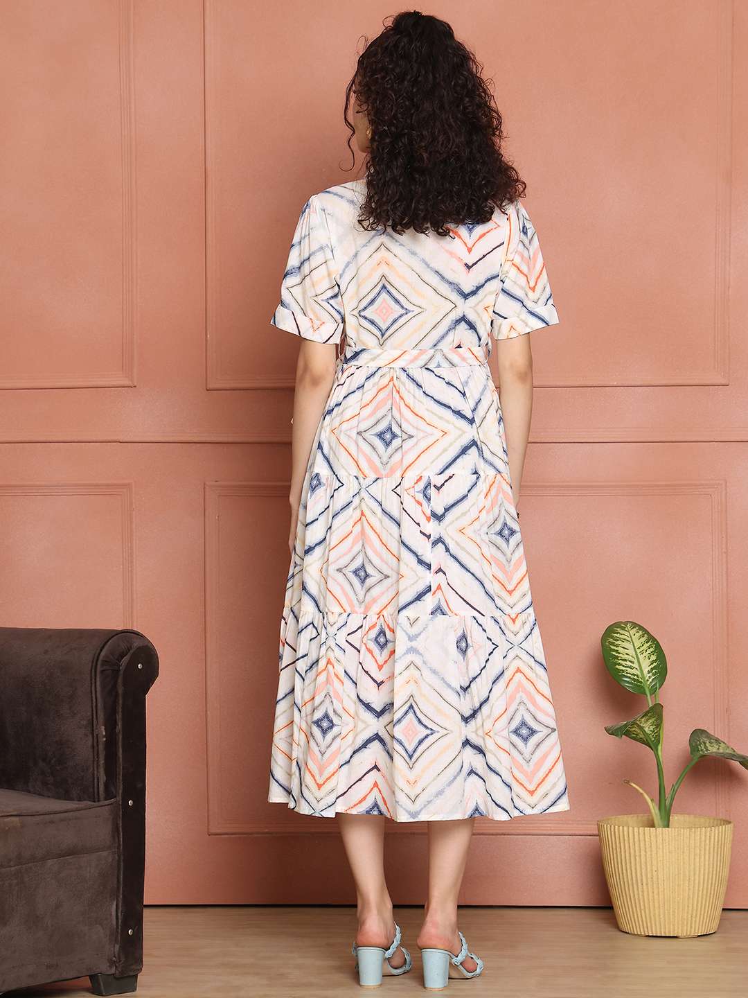 Women's Cotton Printed A-Line Midi Dress | Short Sleeve Flared Gown Dress (White)