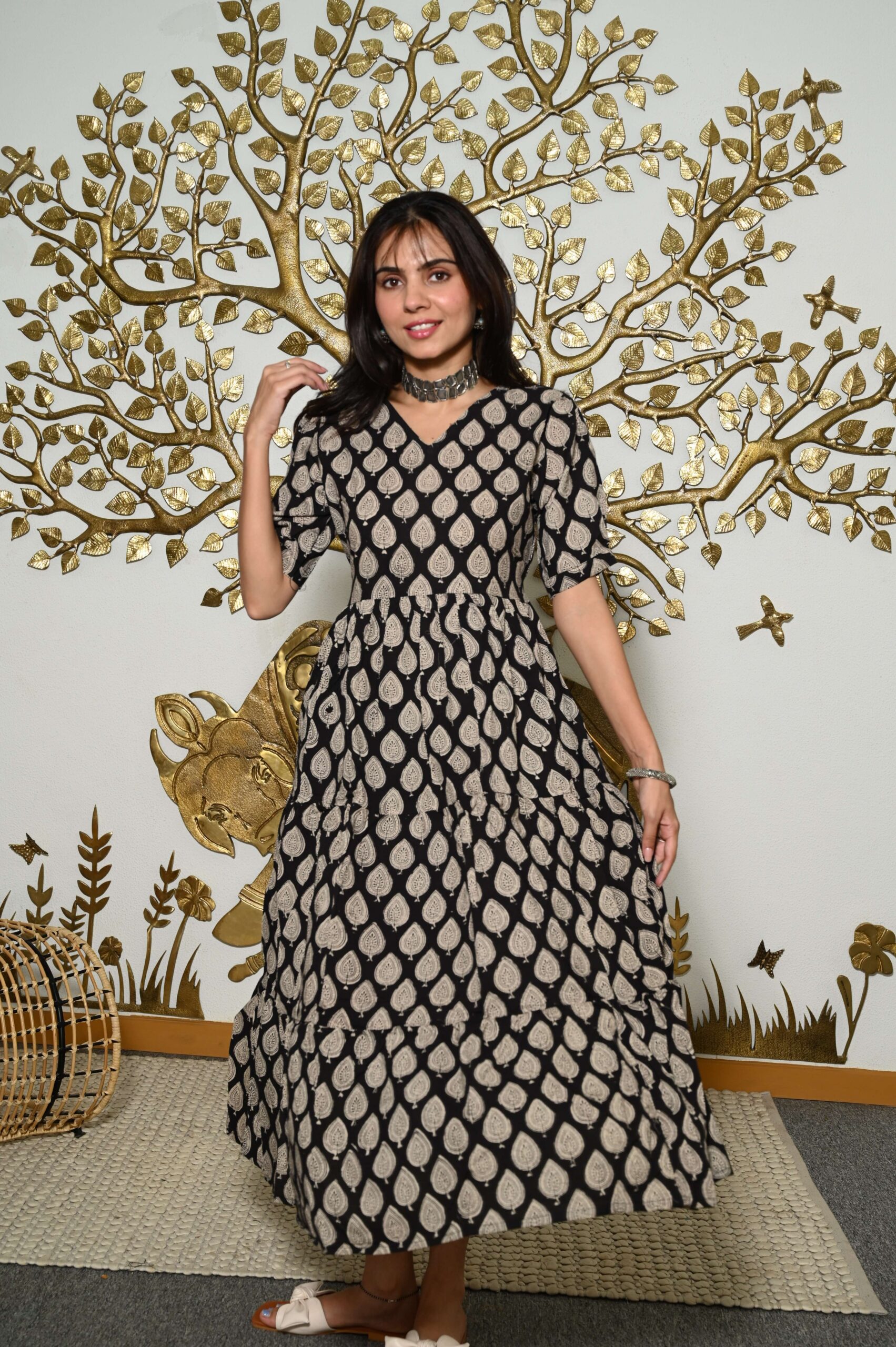 Black Printed Cotton Anarkali Maxi Dress with Puff Sleeves Elegant Casual Wear