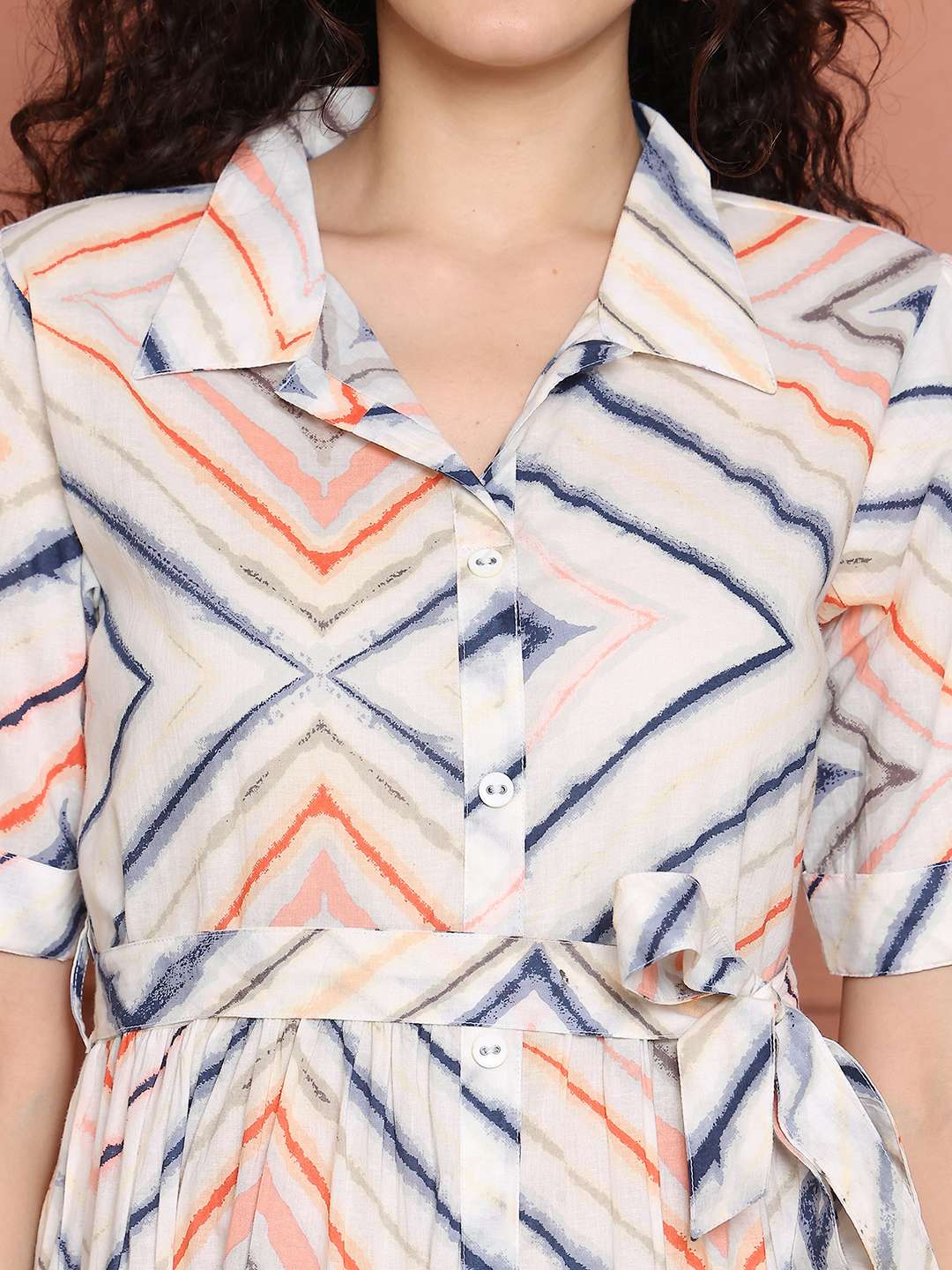 Women's Cotton Printed A-Line Midi Dress | Short Sleeve Flared Gown Dress (White)