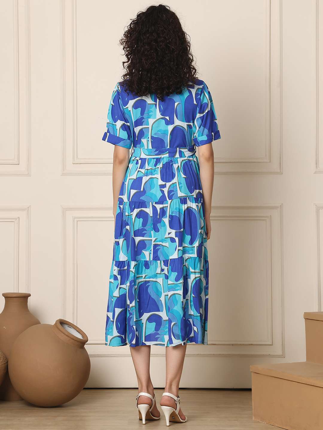Women's Cotton Printed A-Line Midi Dress | Short Sleeve Flared Gown Dress (Navy Blue)