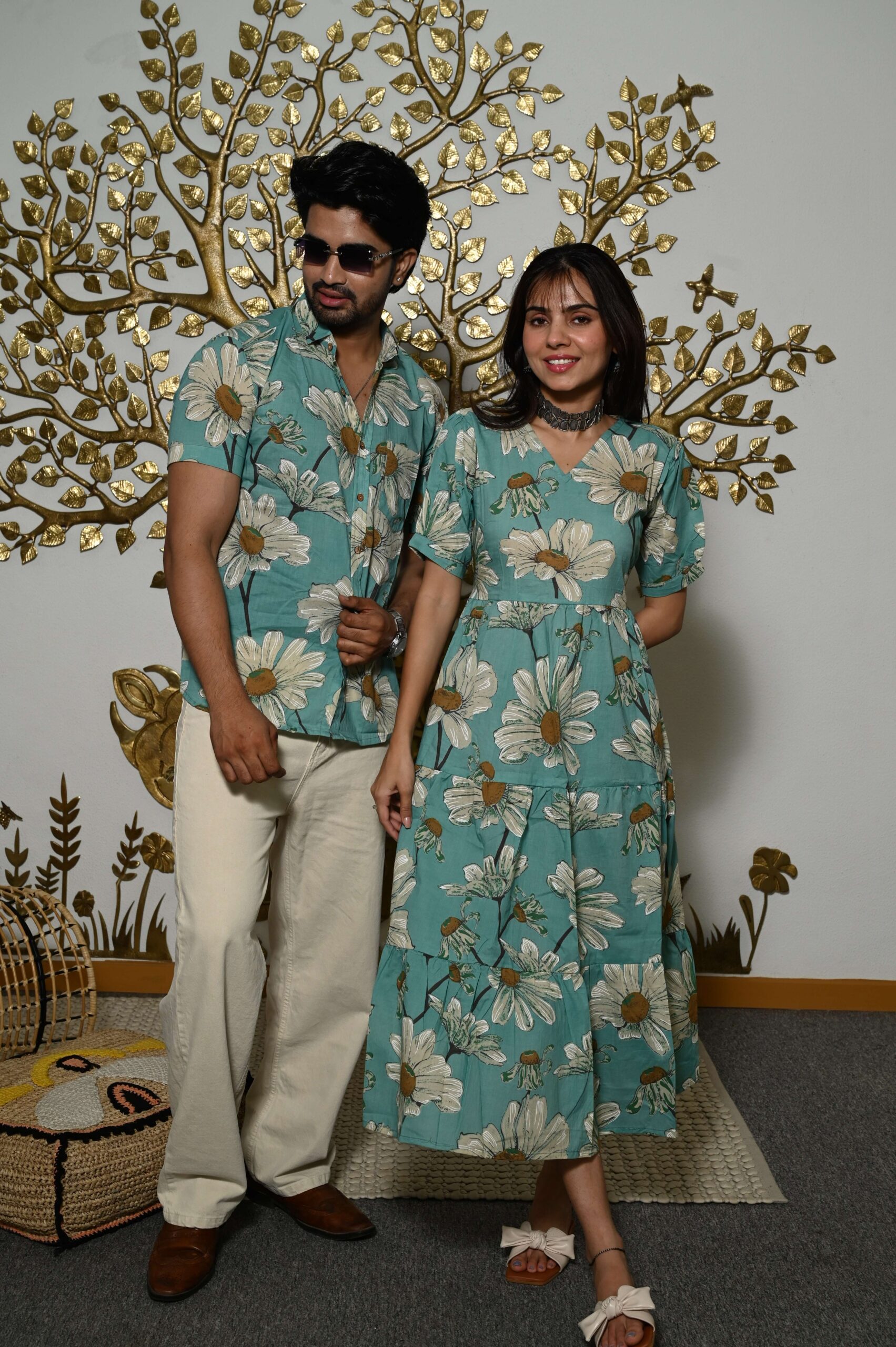 Couple Matching Teal-Blue floral Printed Cotton Anarkali Midi Dress & Shirt Set ? Summer Casual Wear
