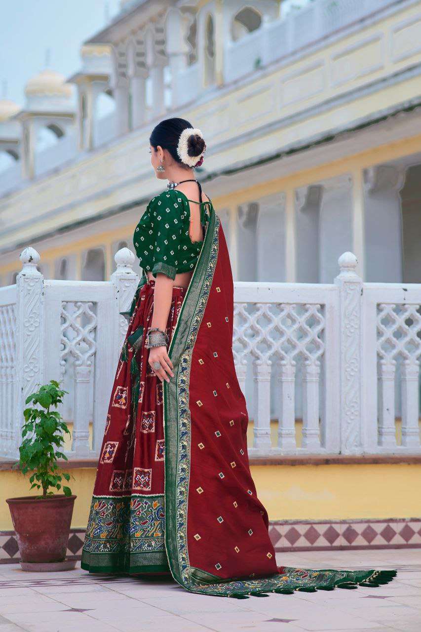 Maroon Tussar Silk Lehenga Choli with Dark Green Blouse | Bandhani Peacock & Foil Print | Wedding & Festive Wear