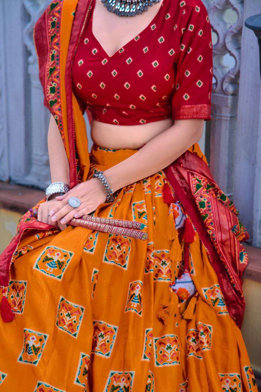 Orange Tussar Silk Lehenga Choli with Red Blouse | Bandhani Peacock & Foil Print | Wedding & Festive Wear