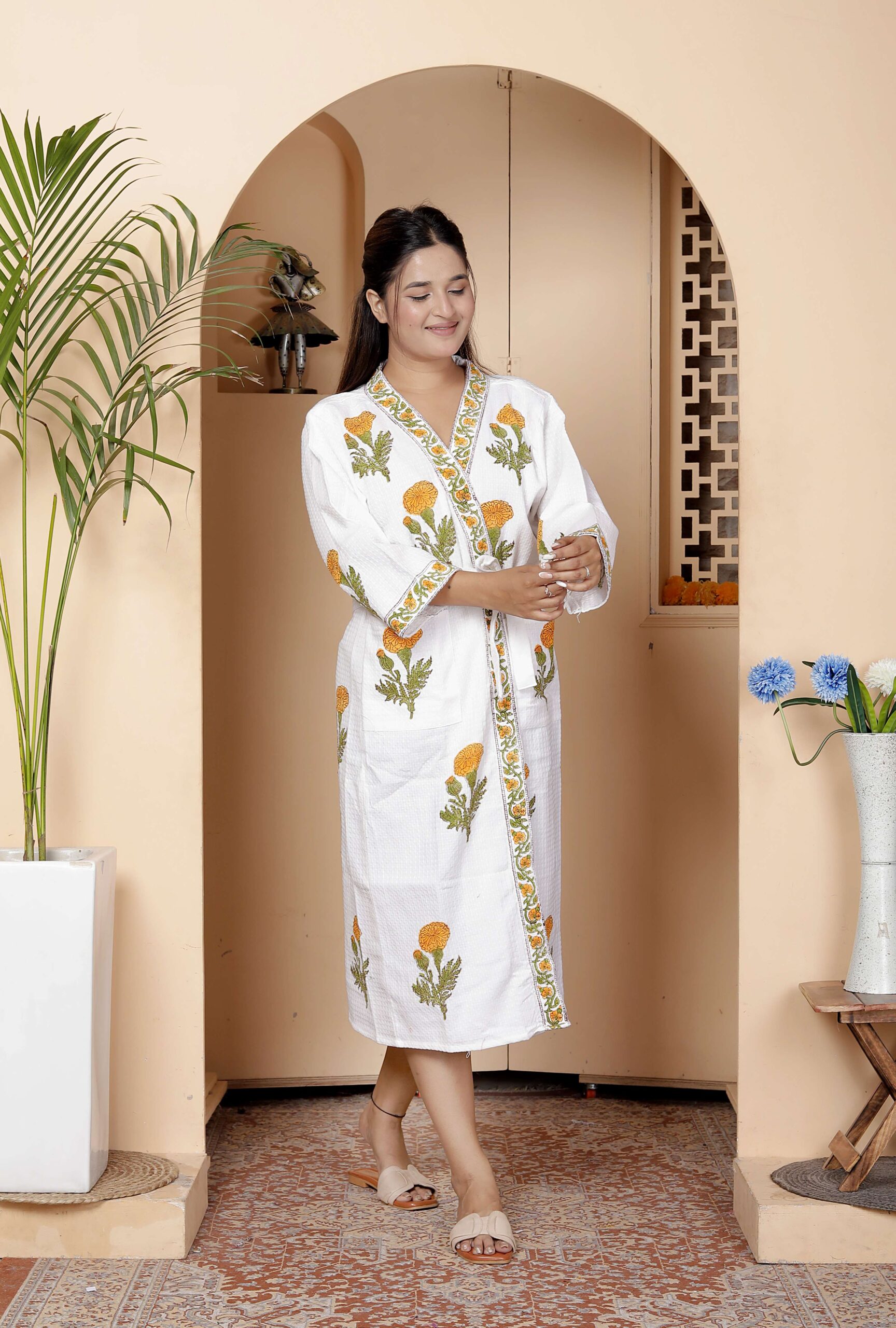 Handcrafted Cotton Block Printed Long Robe | Comfortable Loungewear & Bathrobe for Women