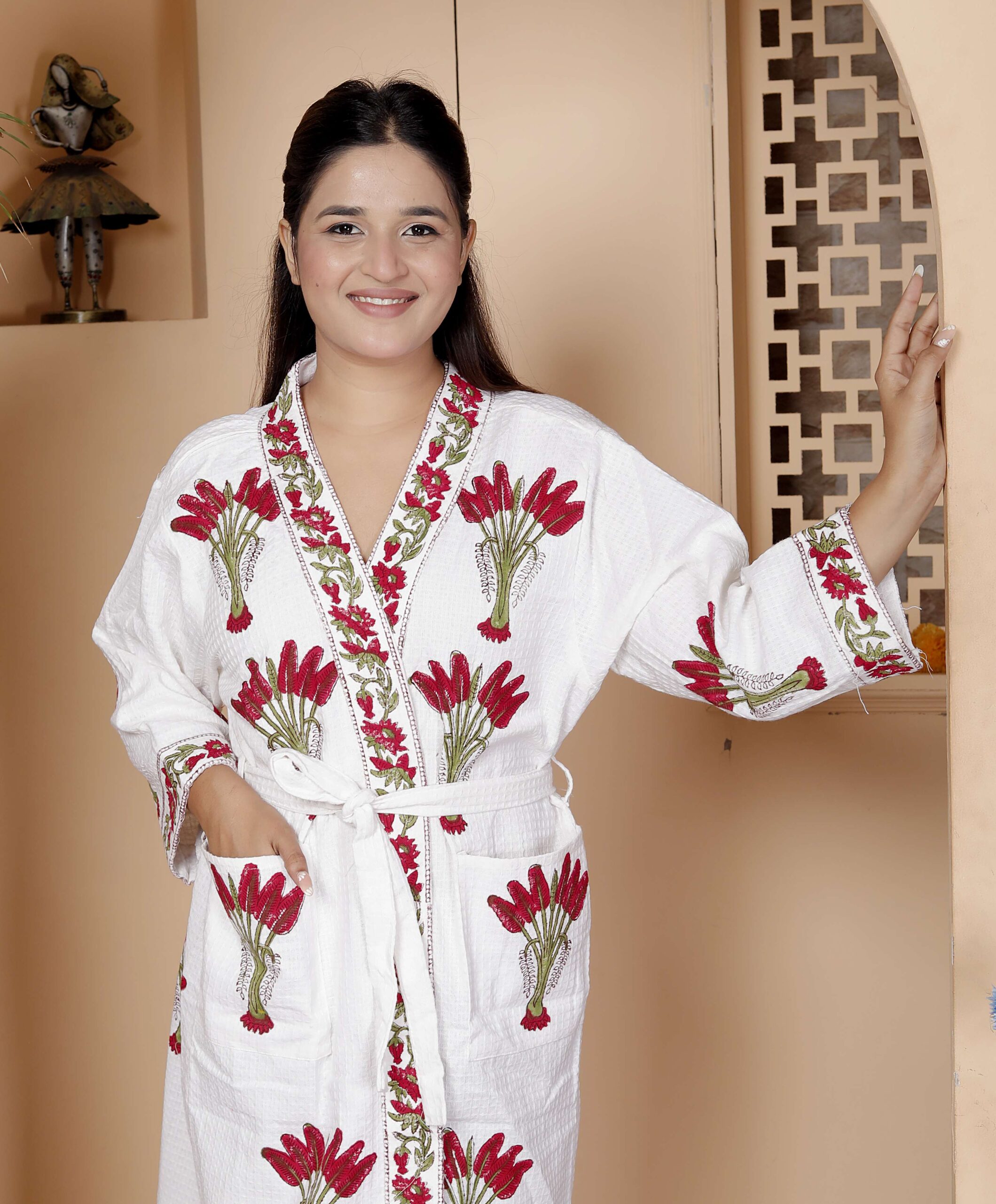 Handcrafted Cotton Block Printed Long Robe | Comfortable Loungewear & Bathrobe for Women