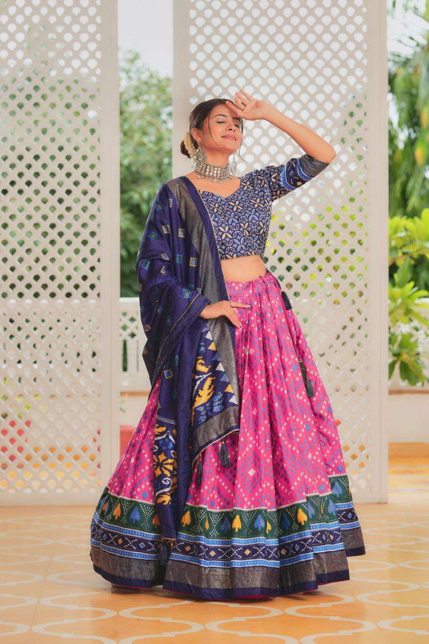 Pink Tussar Silk Lehenga Choli with Navy Blue Blouse | Minakari & Foil Print | Wedding & Festive Wear