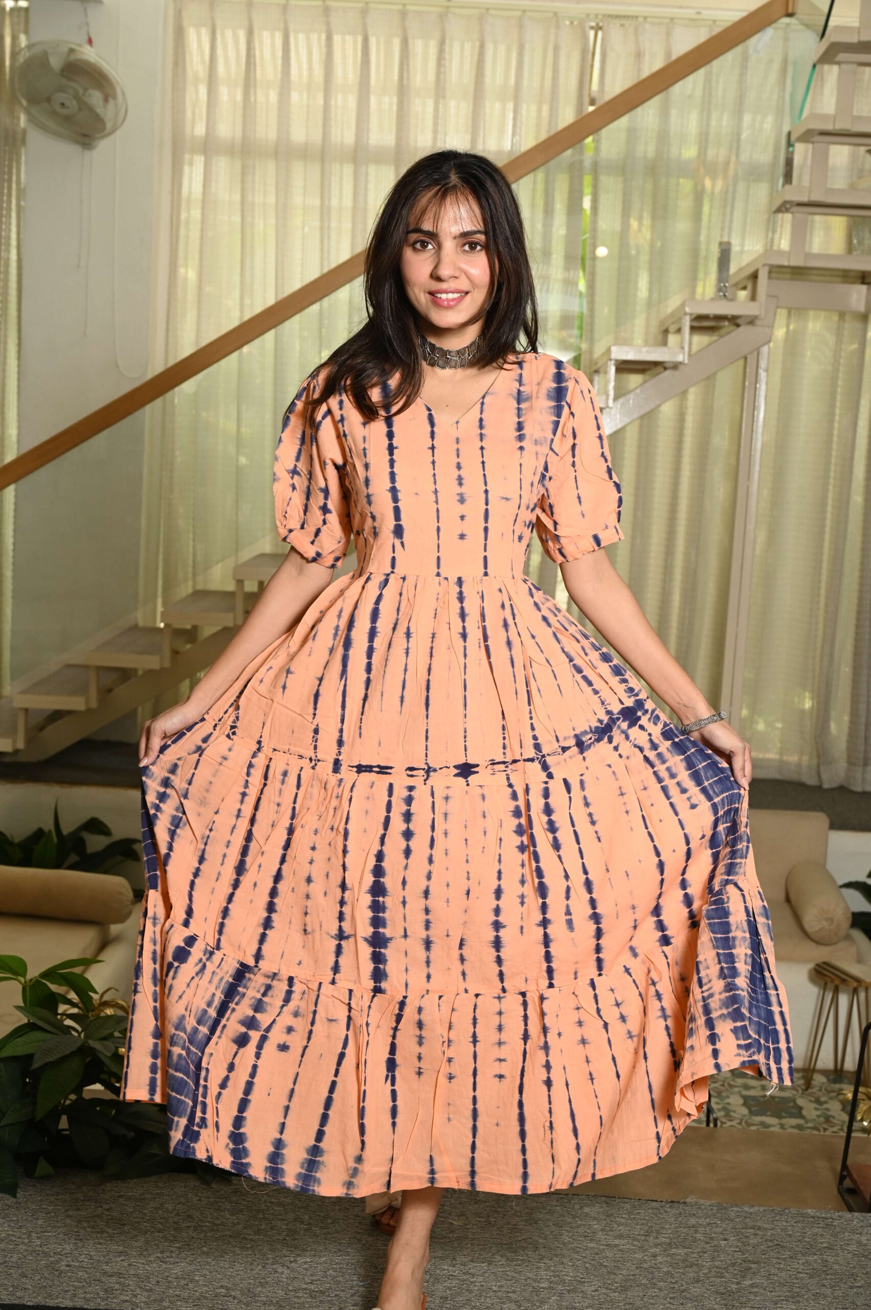 Peach Printed Cotton Anarkali Maxi Dress with Puff Sleeves Elegant Casual Wear