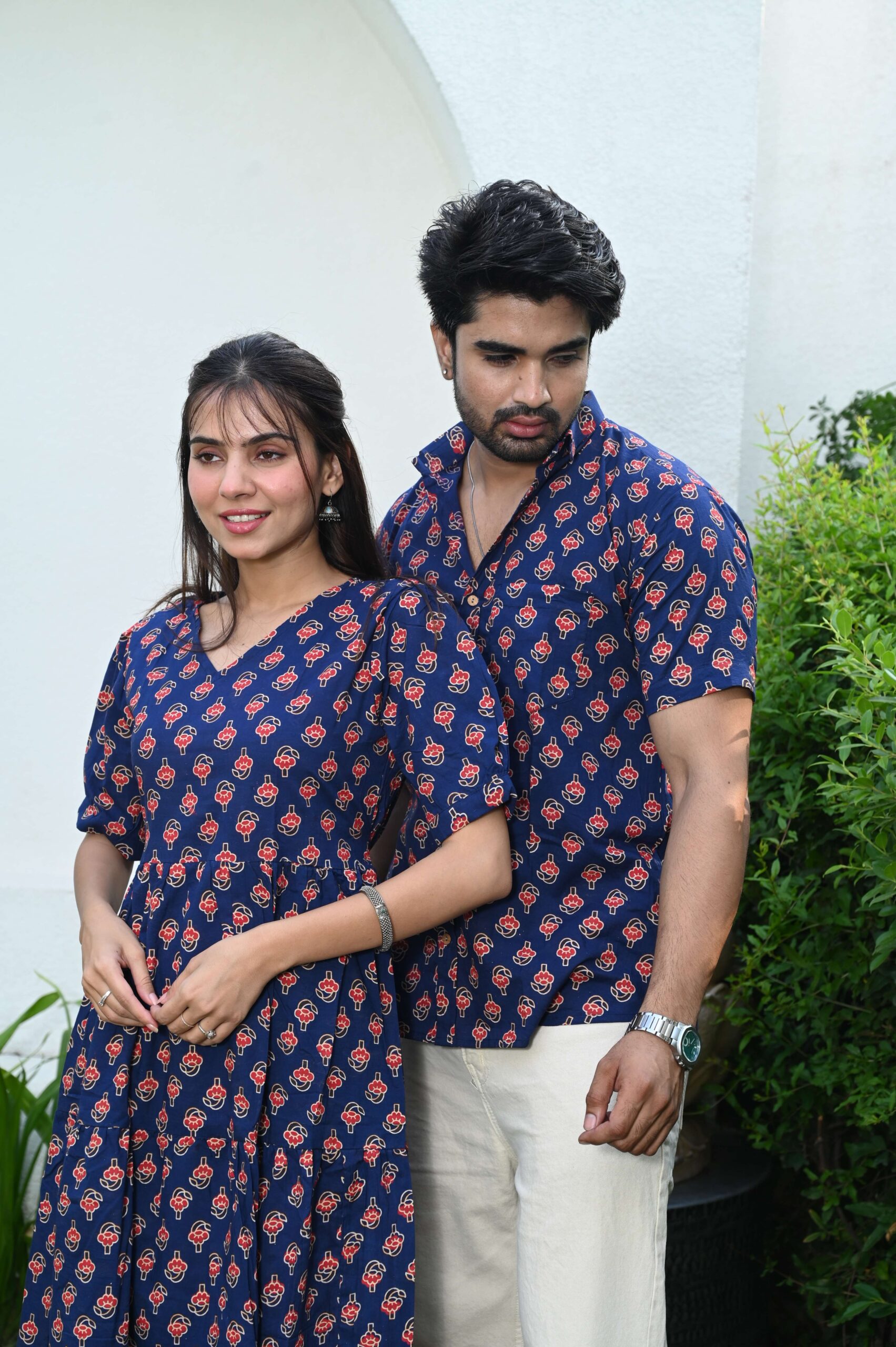 Couple Matching Navy Blue Cotton Printed Anarkali Midi Dress & Shirt Set ? Casual & Festive Wear