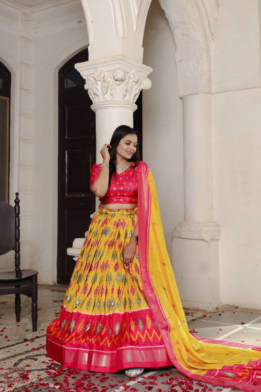 Yellow Dola Silk Lehenga Choli with Red Blouse | Patola Print & Foil Work | Wedding & Festive Wear