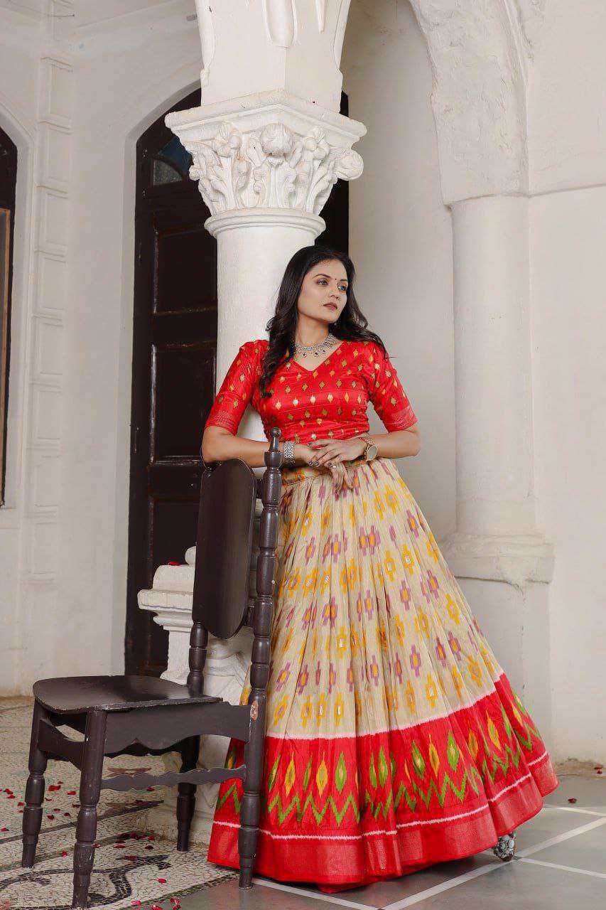 Scarlet Yellow Dola Silk Lehenga Choli with Red Blouse | Patola Print & Foil Work | Wedding & Festive Wear