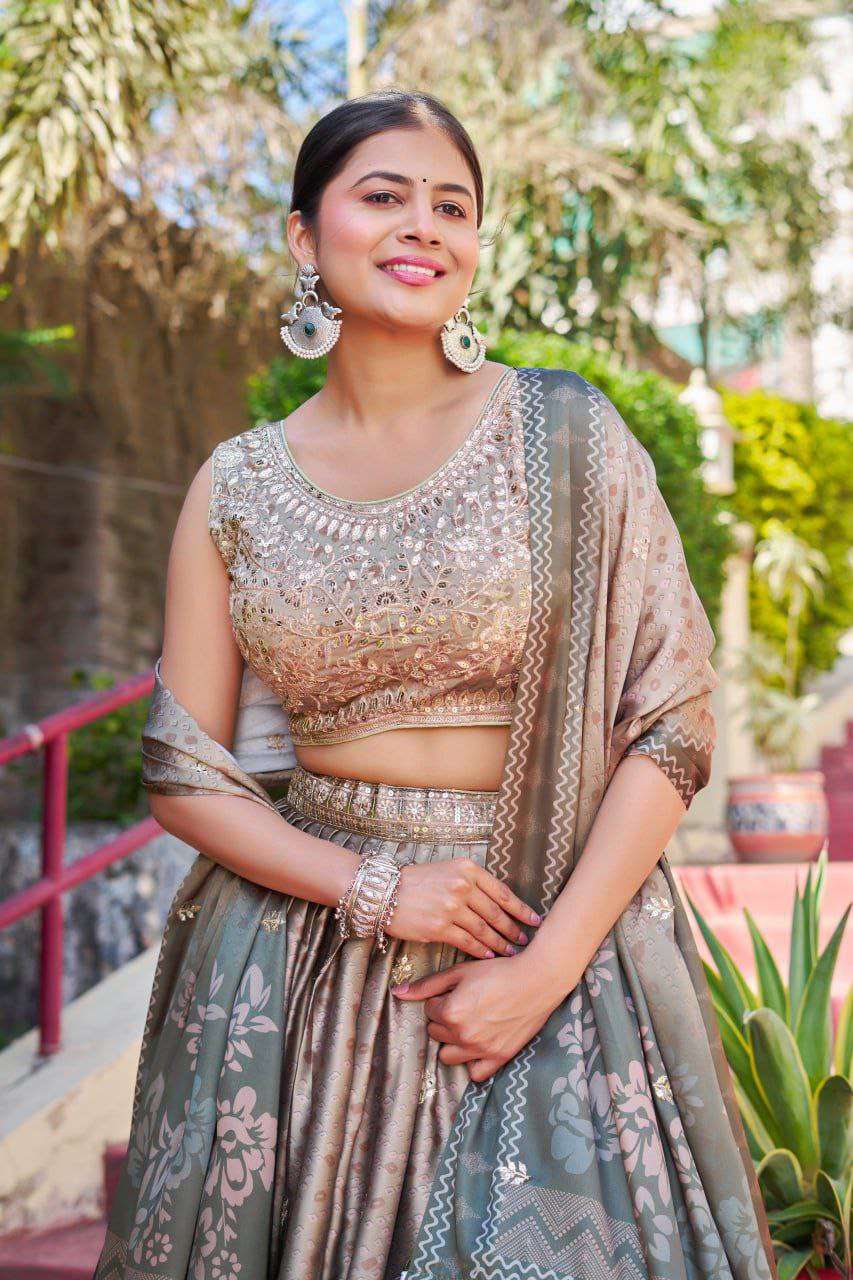Greyish Maslin Sarting Lehenga Choli with Golden Blouse | Digital Print & Embroidery Work | Wedding & Festive Wear