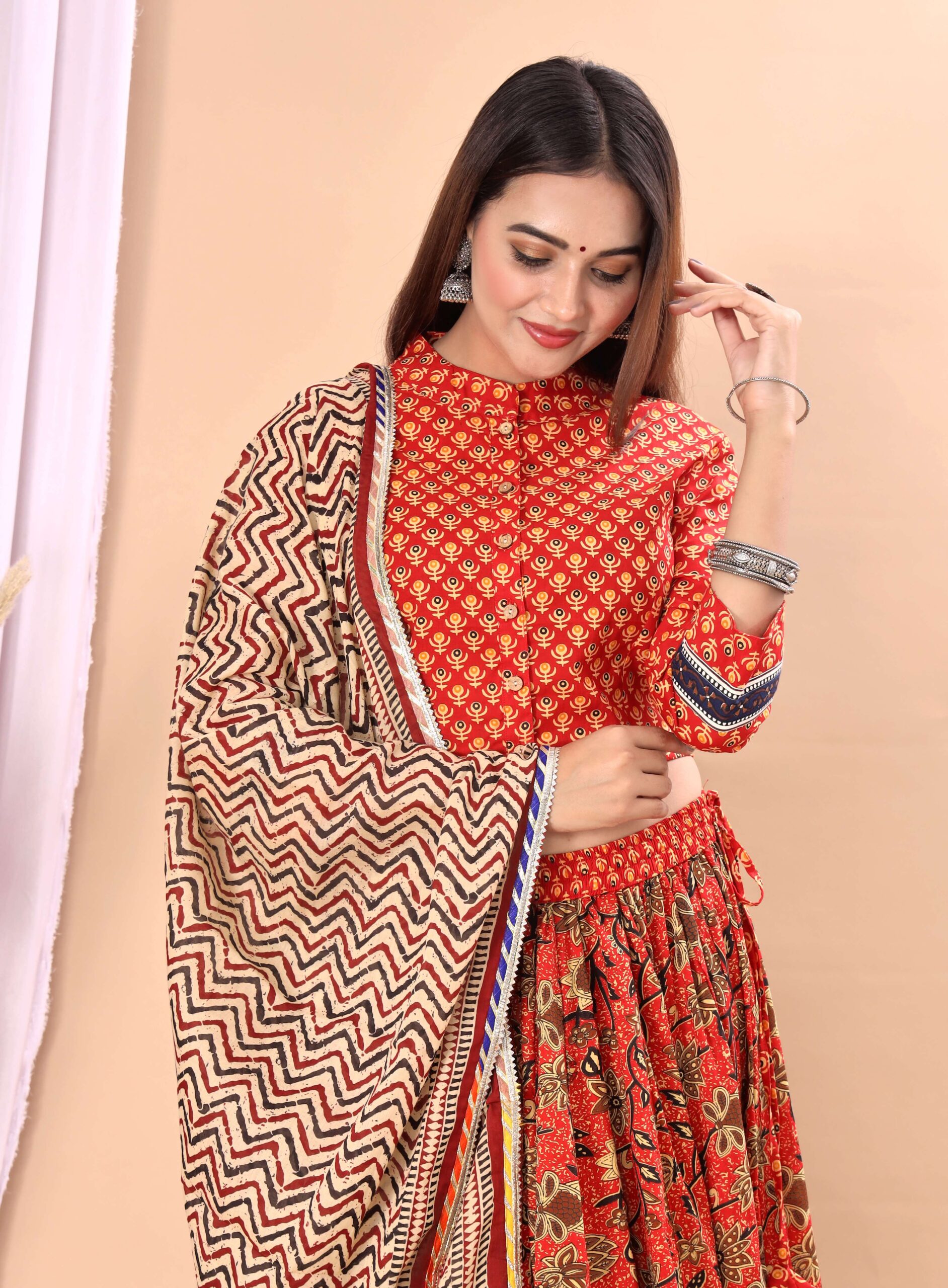 Women’s Red Cotton Printed Lehenga Choli Dupatta Set