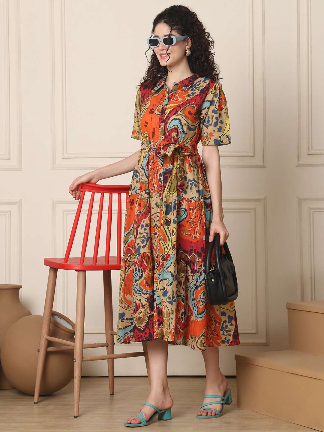 Women's Cotton Printed A-Line Midi Dress | Short Sleeve Flared Gown Dress (Multti Color1)