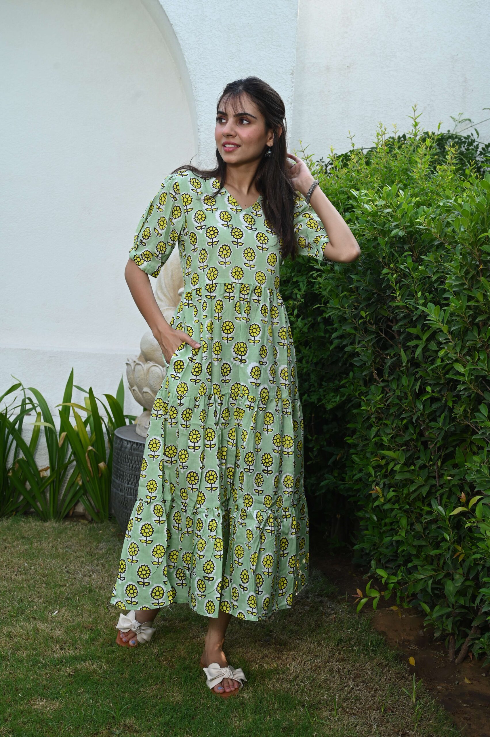 Light Green Floral Printed Cotton Anarkali Maxi Dress with Puff Sleeves Elegant Casual Wear