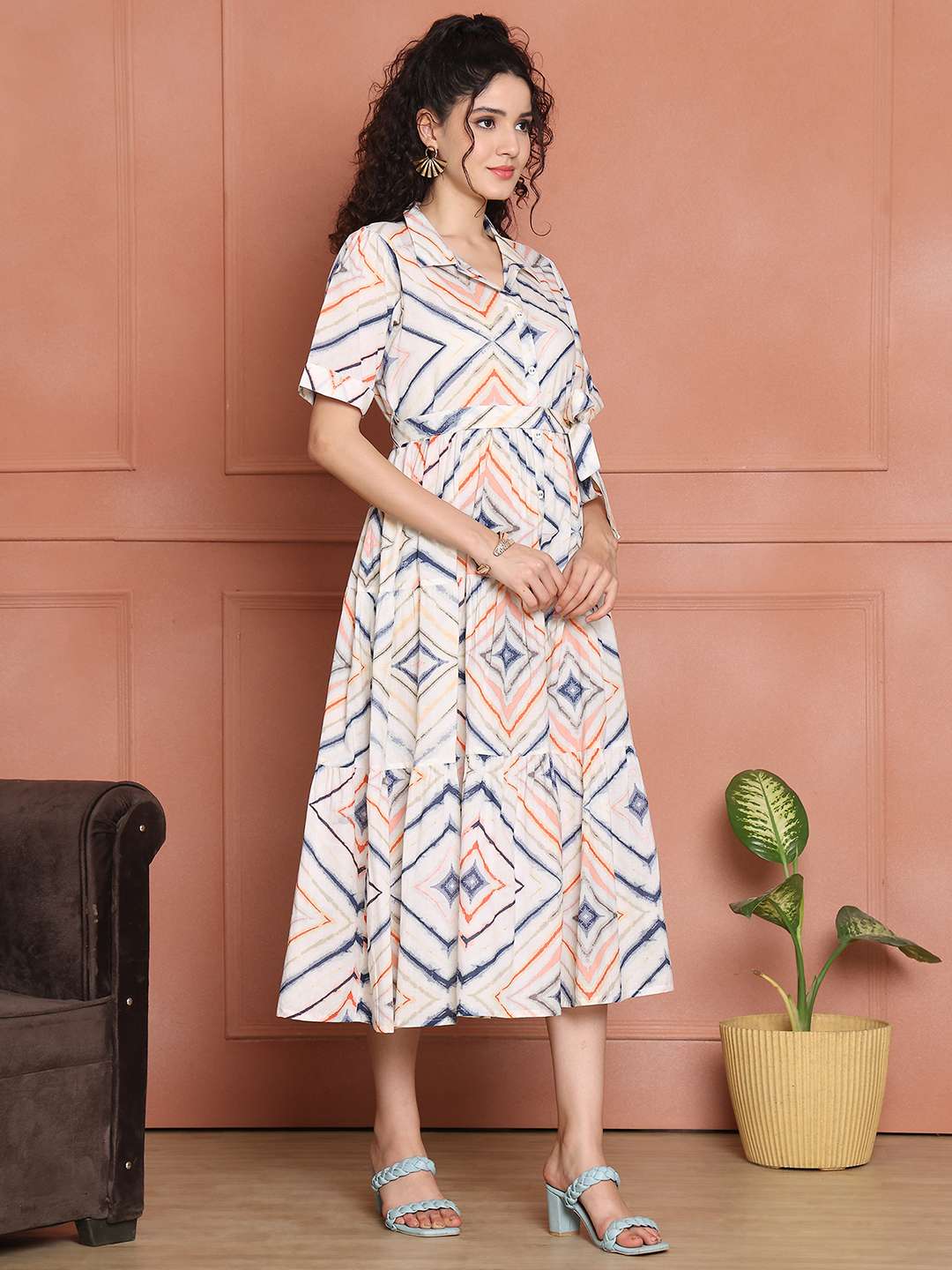 Women's Cotton Printed A-Line Midi Dress | Short Sleeve Flared Gown Dress (White)