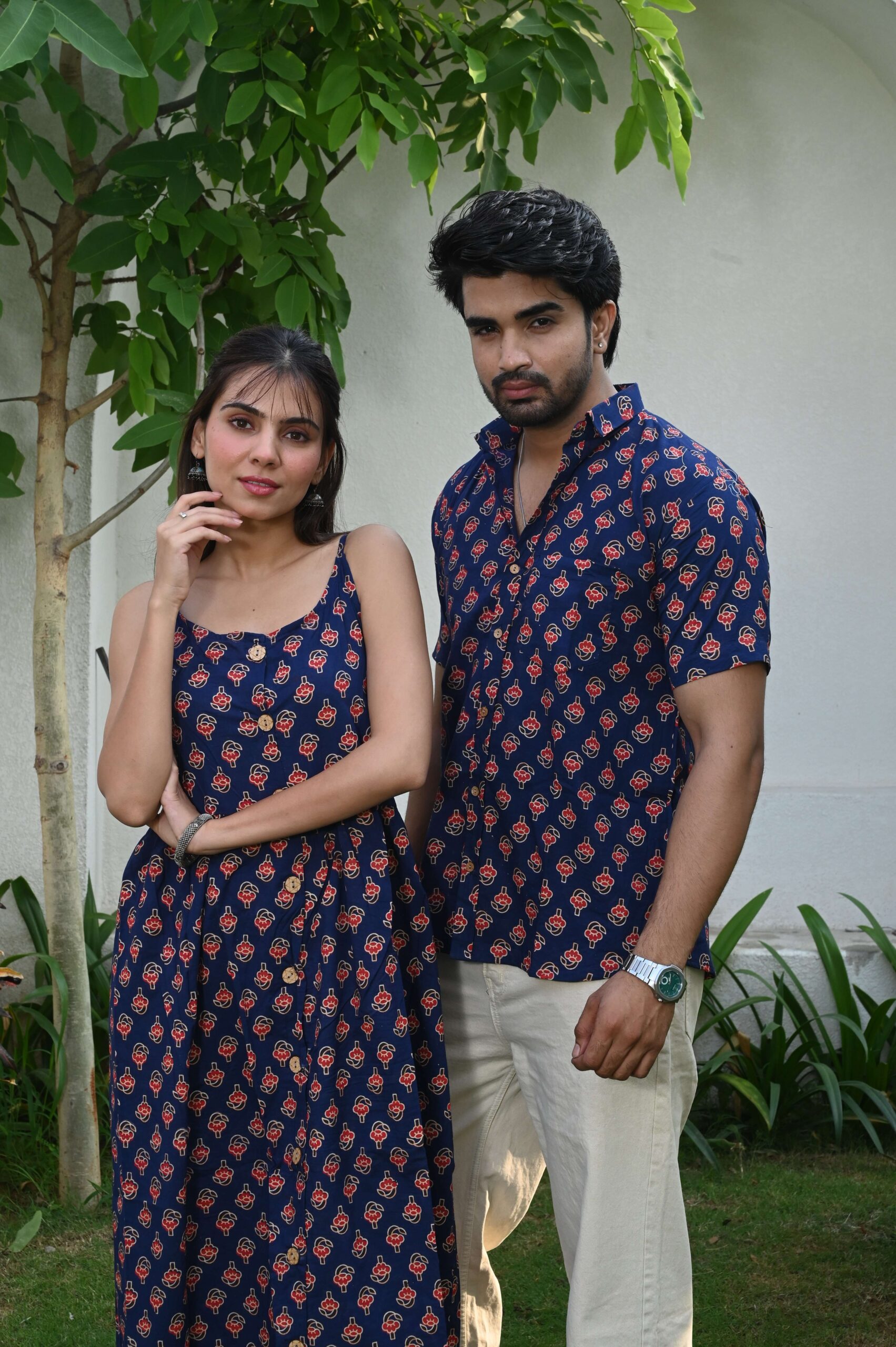 Couple Matching Outfit ? Navy Blue Cotton Printed Midi Dress & Shirt Set, Summer Casual Wear