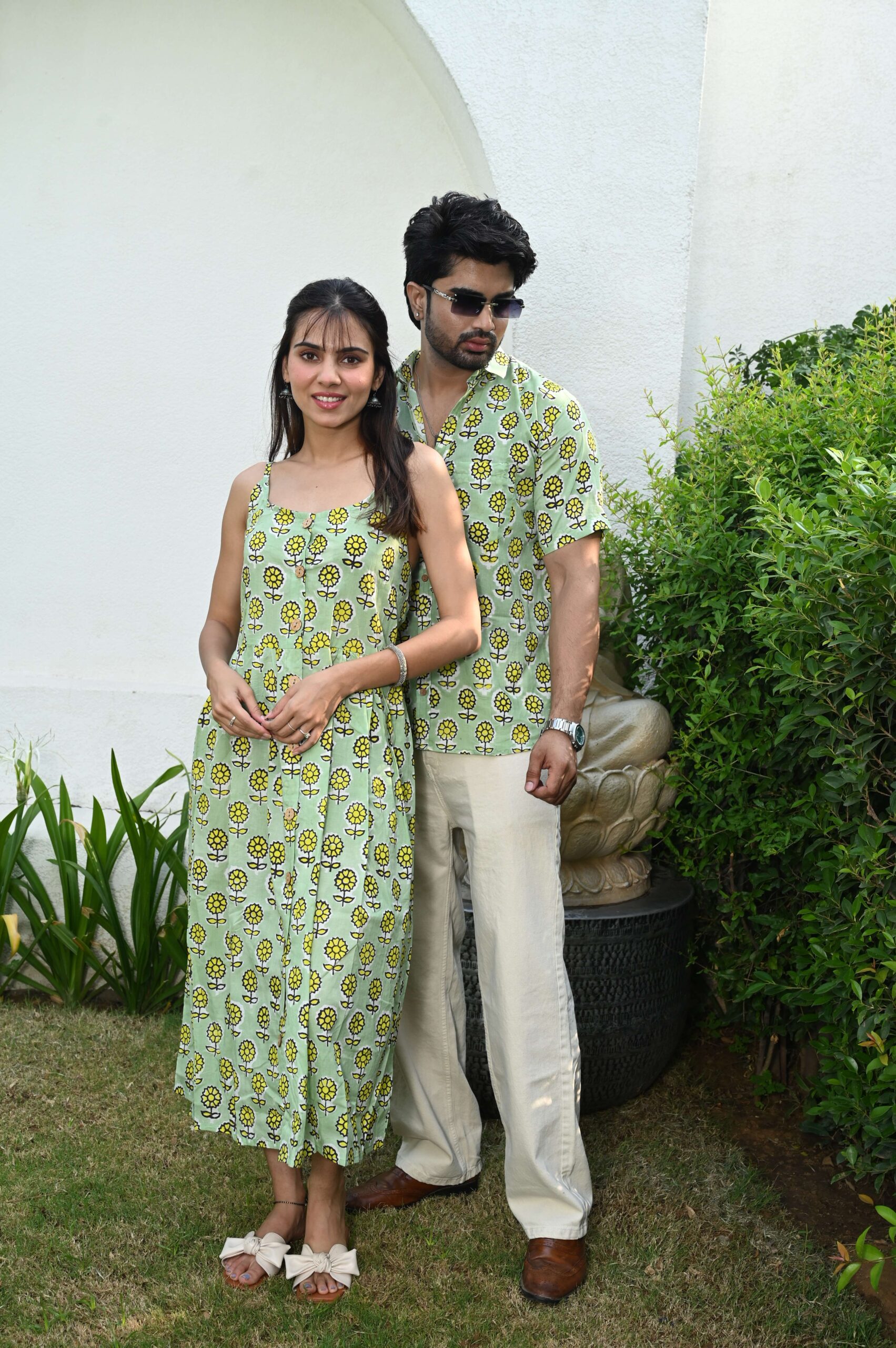 Couple Matching Outfit ? Light Green Cotton Printed Midi Dress & Shirt Set, Summer Casual Wear