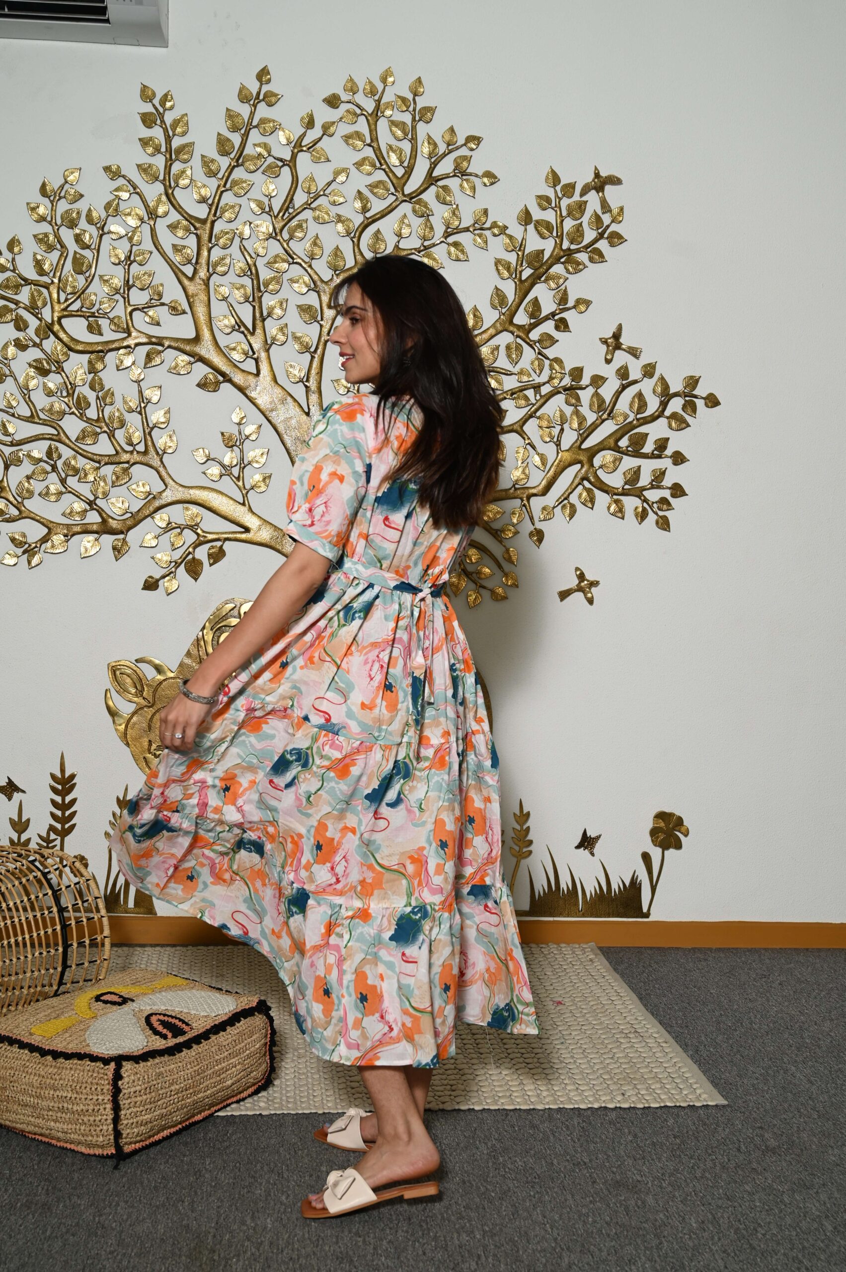 Multi-Color Printed Cotton Anarkali Maxi Dress with Puff Sleeves Elegant Casual Wear