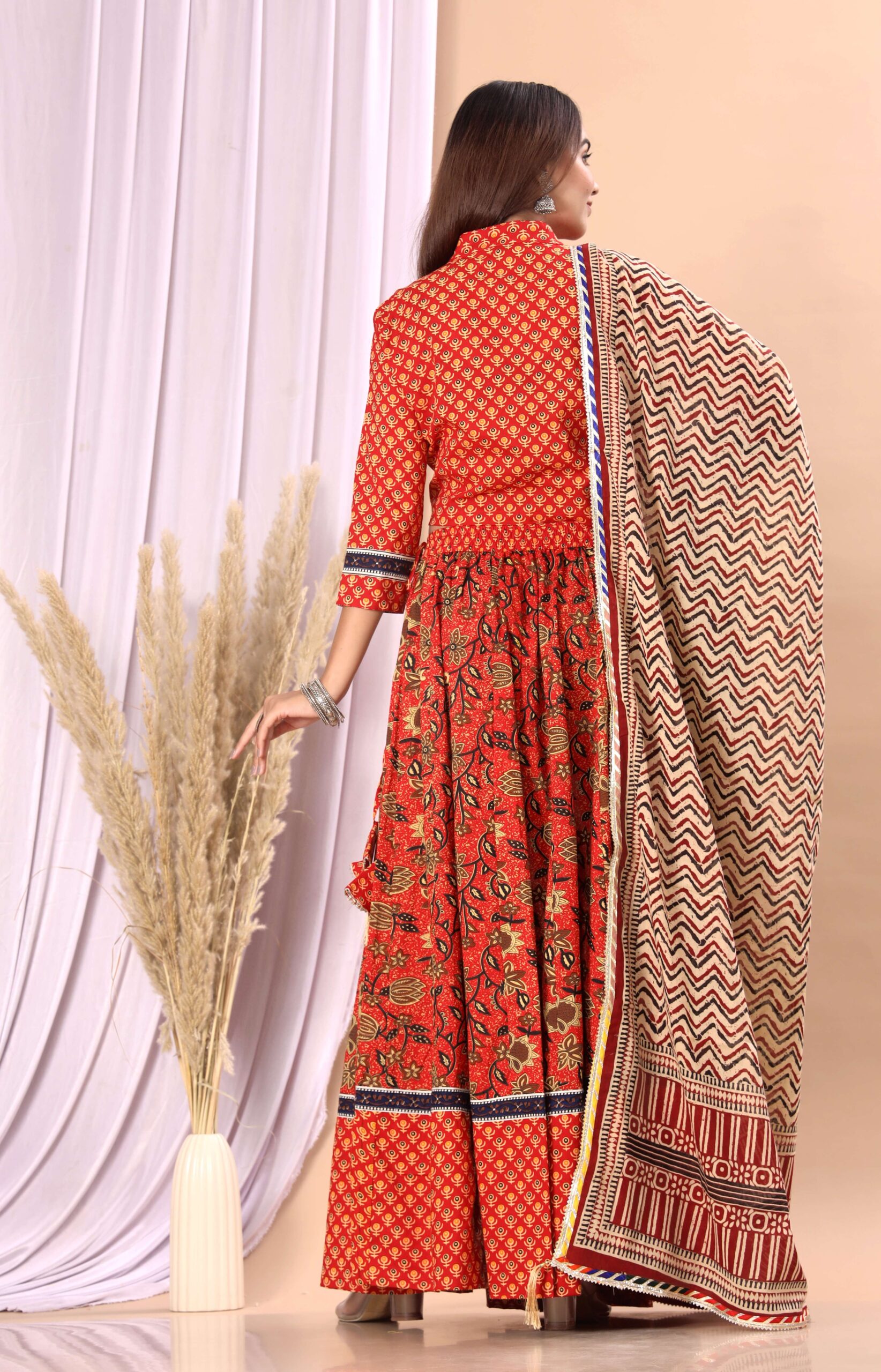 Women’s Red Cotton Printed Lehenga Choli Dupatta Set