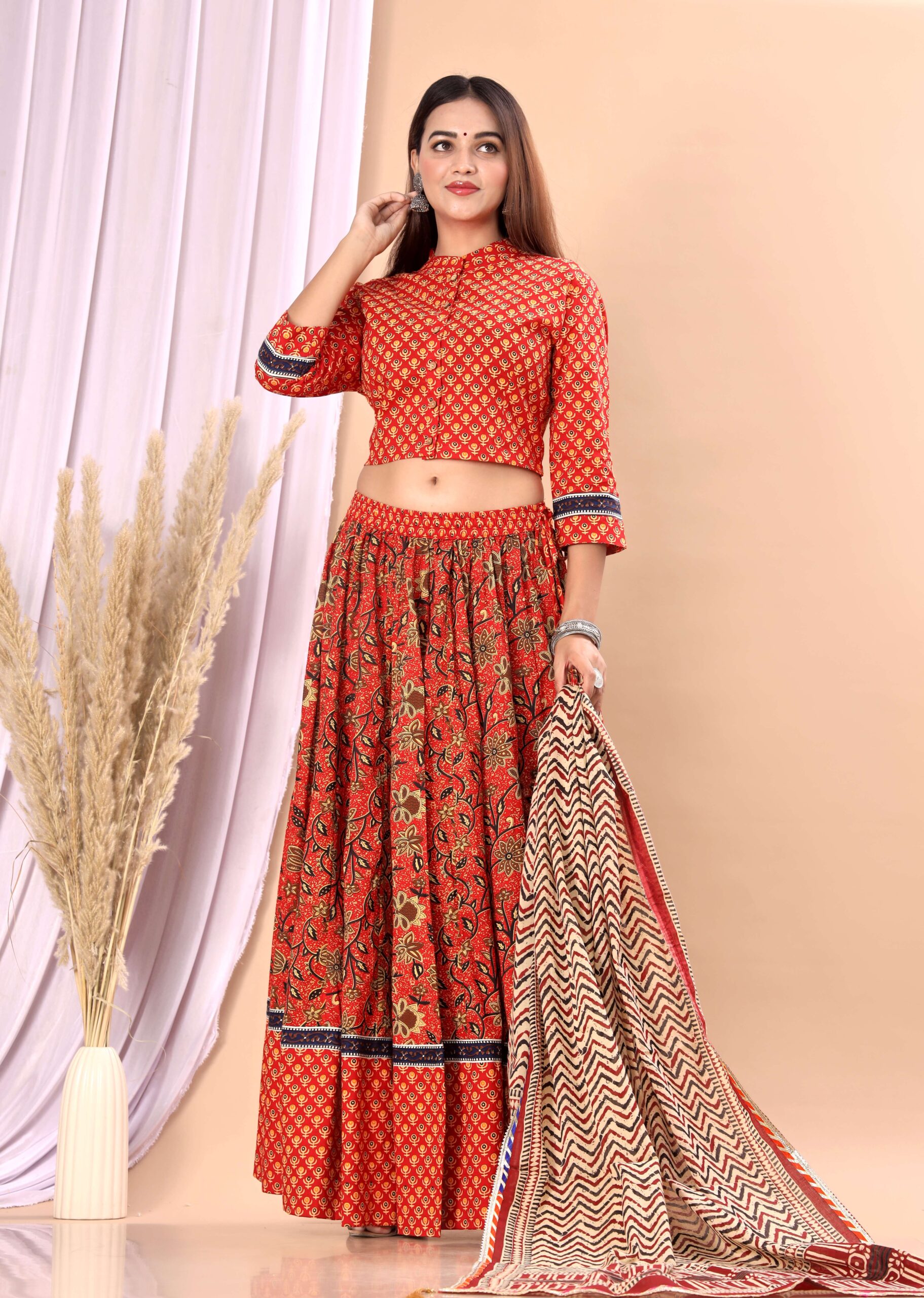 Women’s Red Cotton Printed Lehenga Choli Dupatta Set