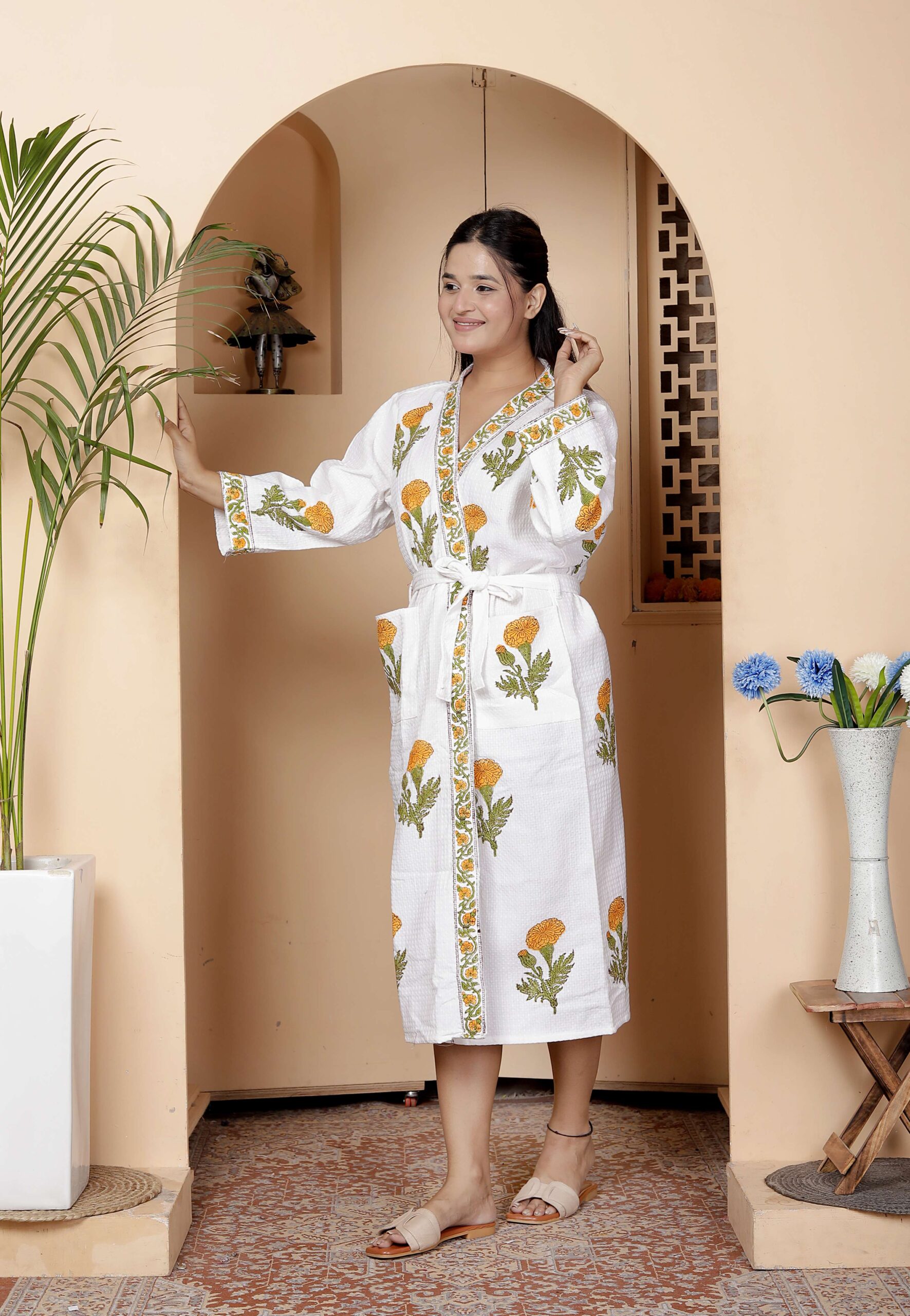 Handcrafted Cotton Block Printed Long Robe | Comfortable Loungewear & Bathrobe for Women