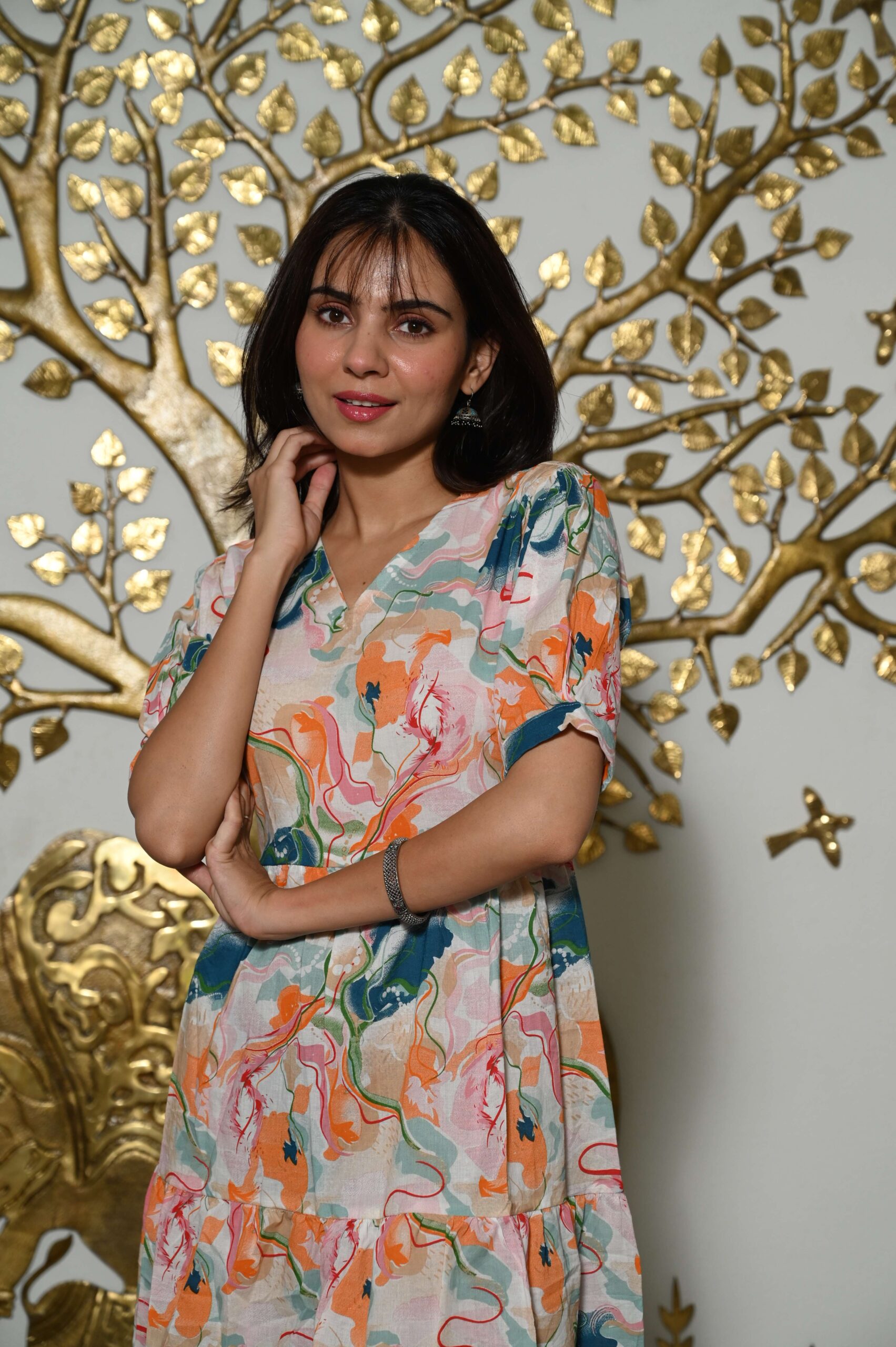 Multi-Color Printed Cotton Anarkali Maxi Dress with Puff Sleeves Elegant Casual Wear