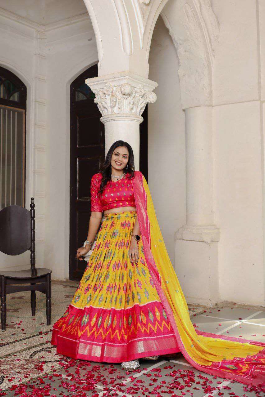 Yellow Dola Silk Lehenga Choli with Red Blouse | Patola Print & Foil Work | Wedding & Festive Wear