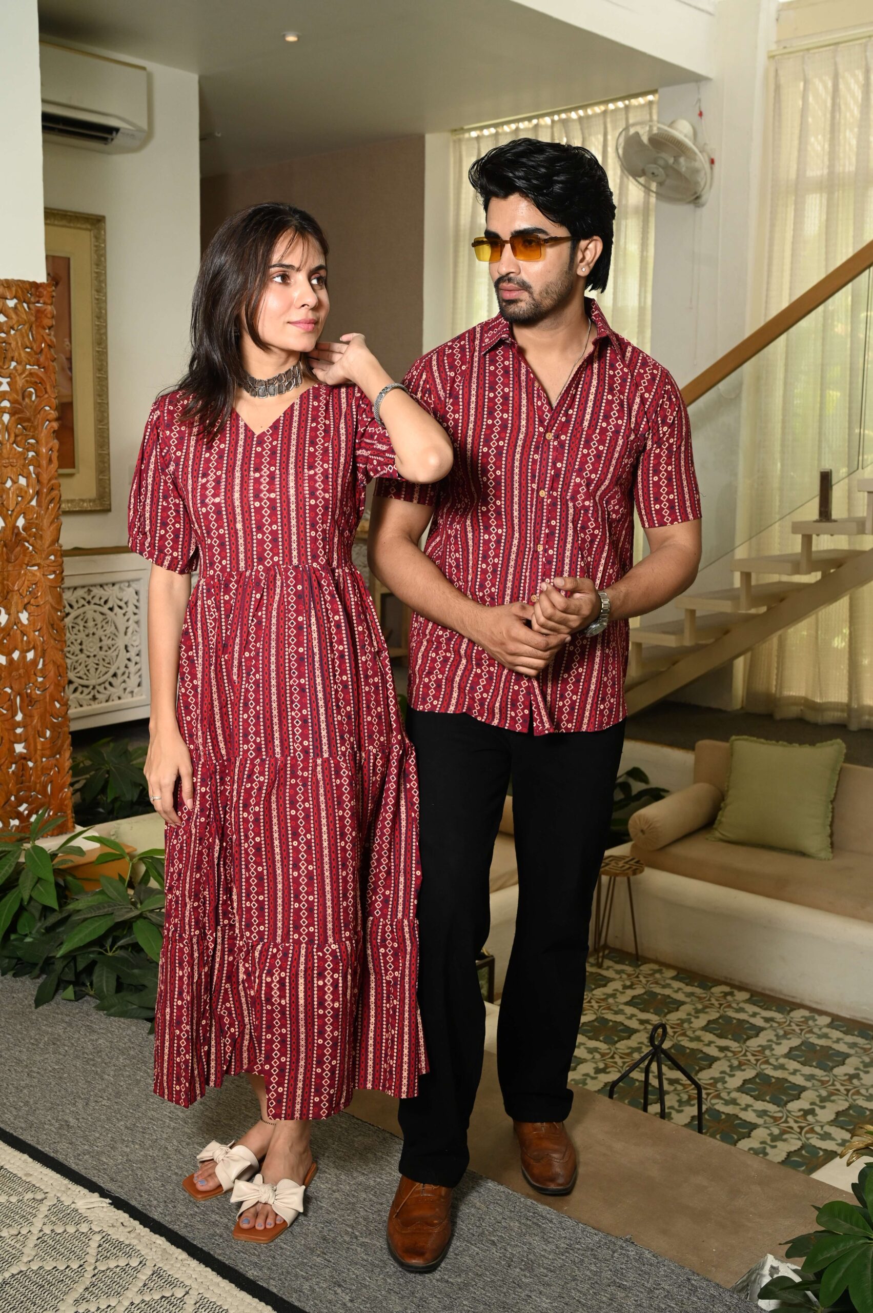 Couple Matching Maroon Cotton Anarkali Midi Dress and Shirt Set ? Vertical Stripe Ethnic Print