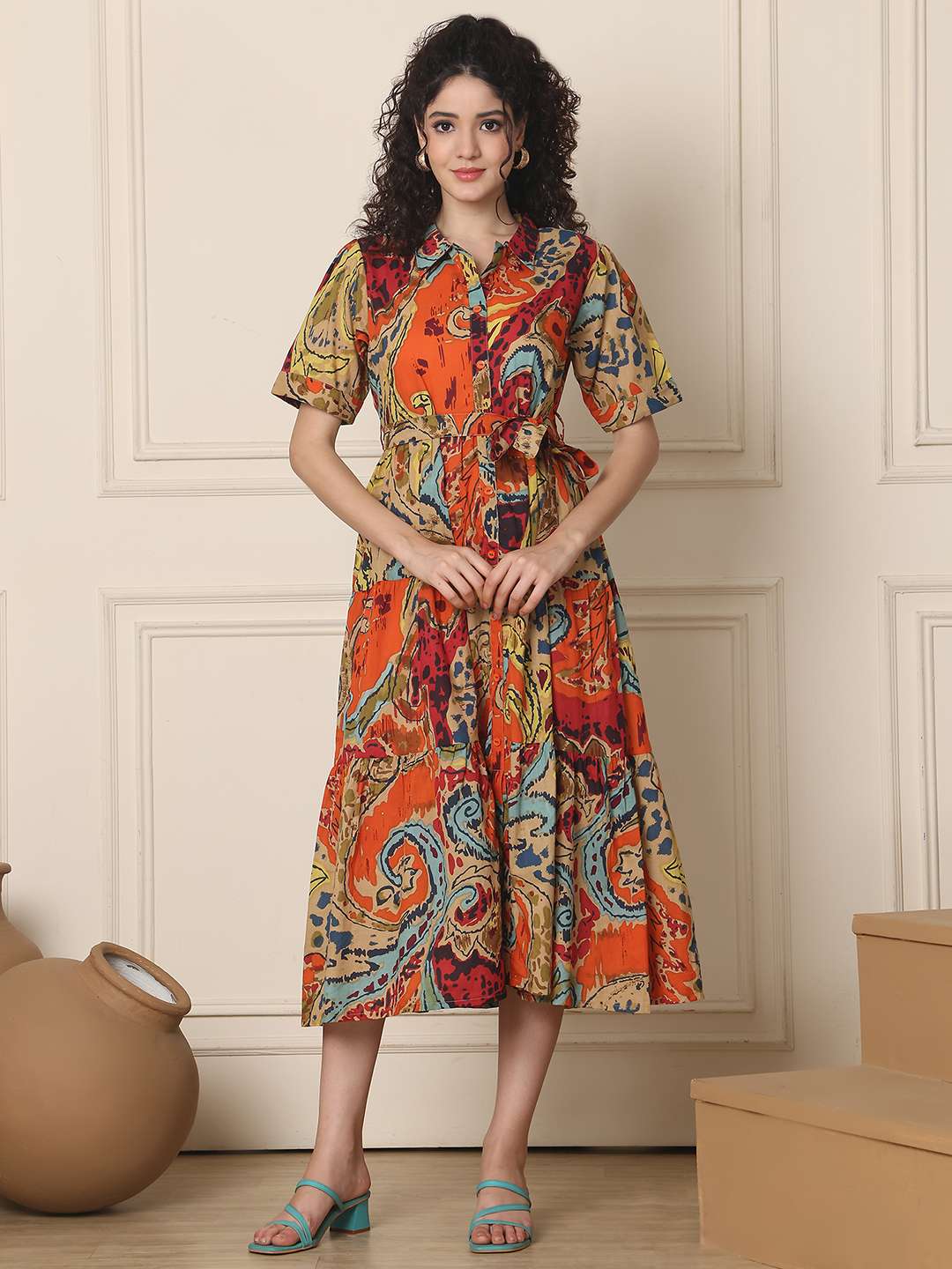 Women's Cotton Printed A-Line Midi Dress | Short Sleeve Flared Gown Dress (Multti Color1)