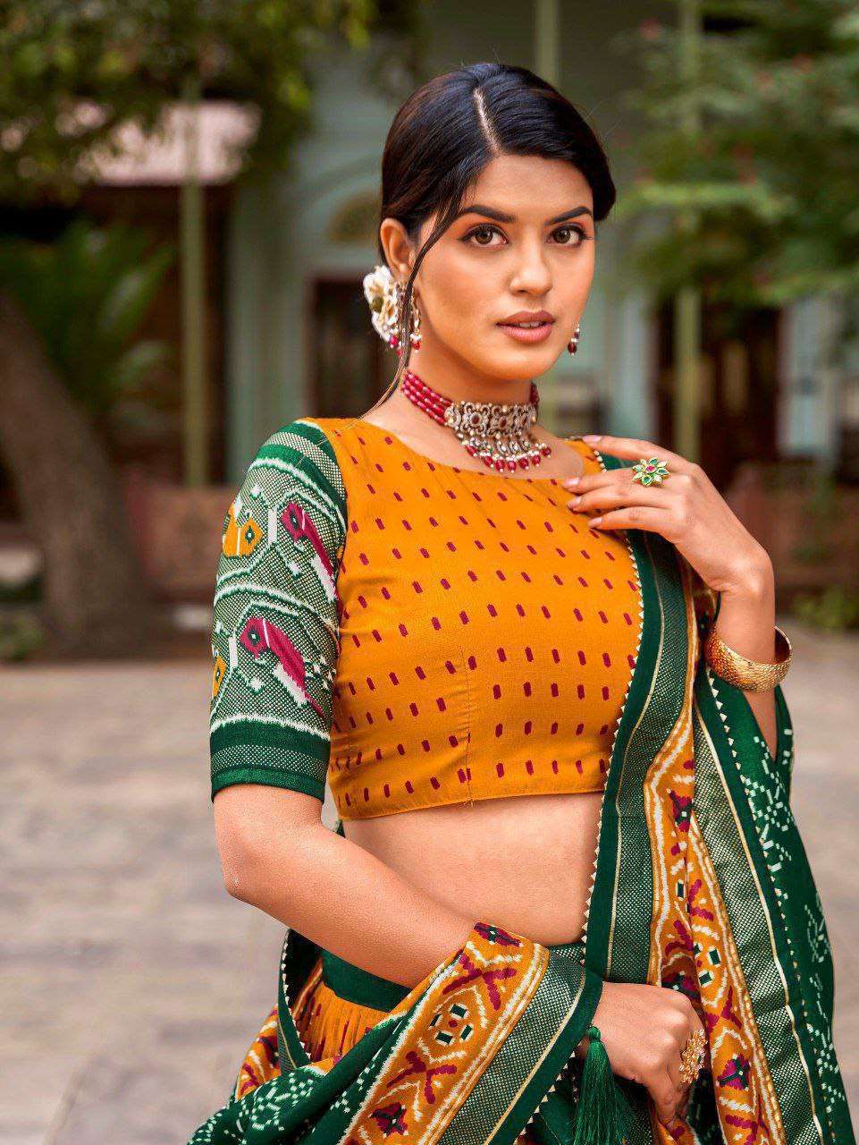 Green Tussar Silk Lehenga Choli with Yellow Blouse | Patola Print & Foil Work | Wedding & Festive Wear