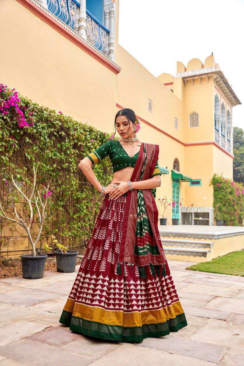 Dark Green Dola Silk Lehenga Choli with Maroon Blouse | Patola Print & Foil Work | Wedding & Festive Wear
