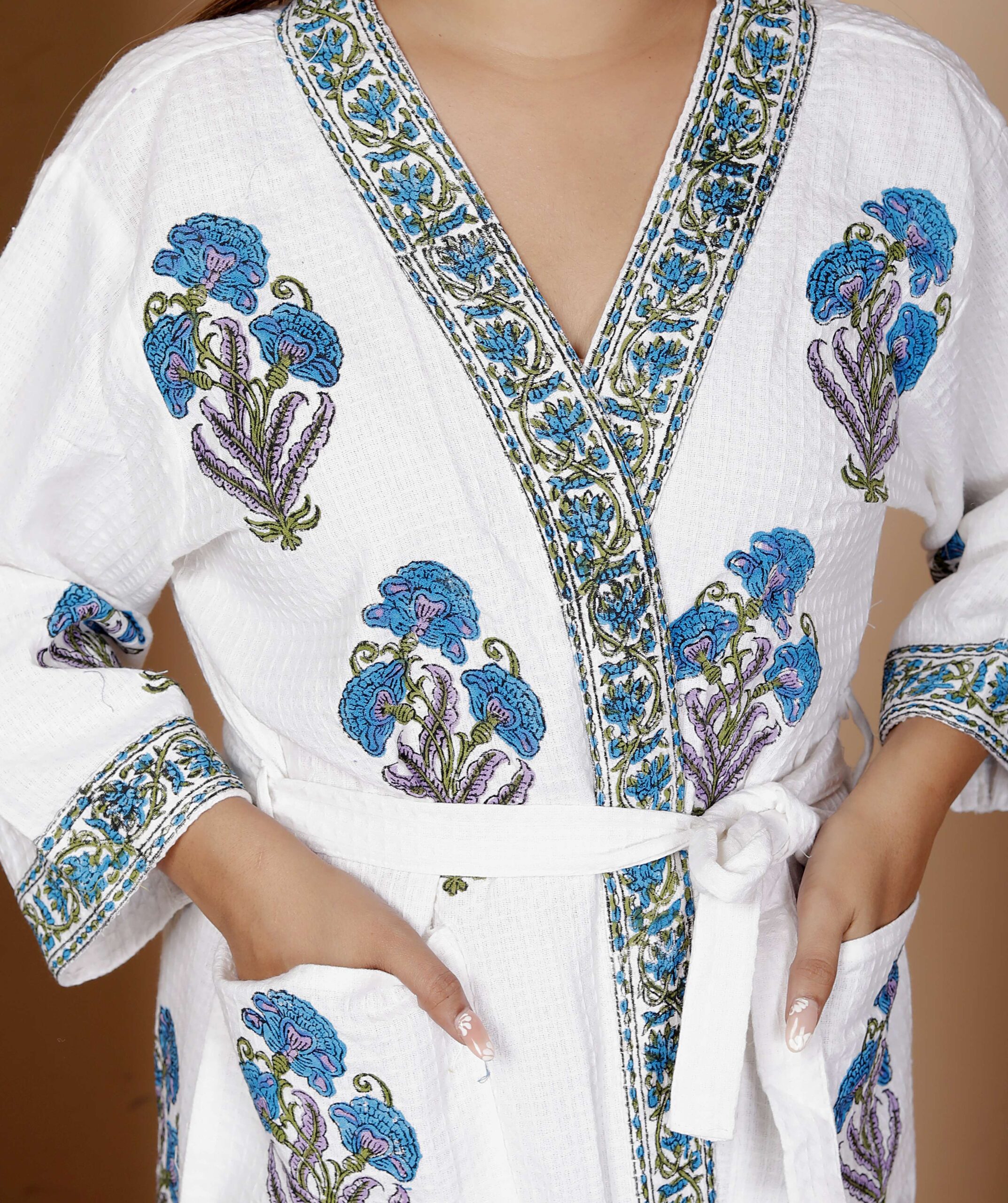 Handcrafted Cotton Block Printed Long Robe | Comfortable Loungewear & Bathrobe for Women