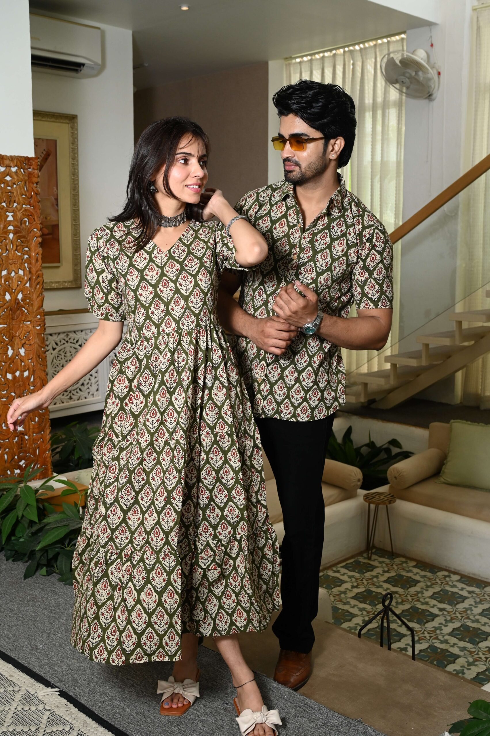 Couple Matching Green Cotton Anarkali Midi Dress and Shirt Set ? Ethnic Motif Print