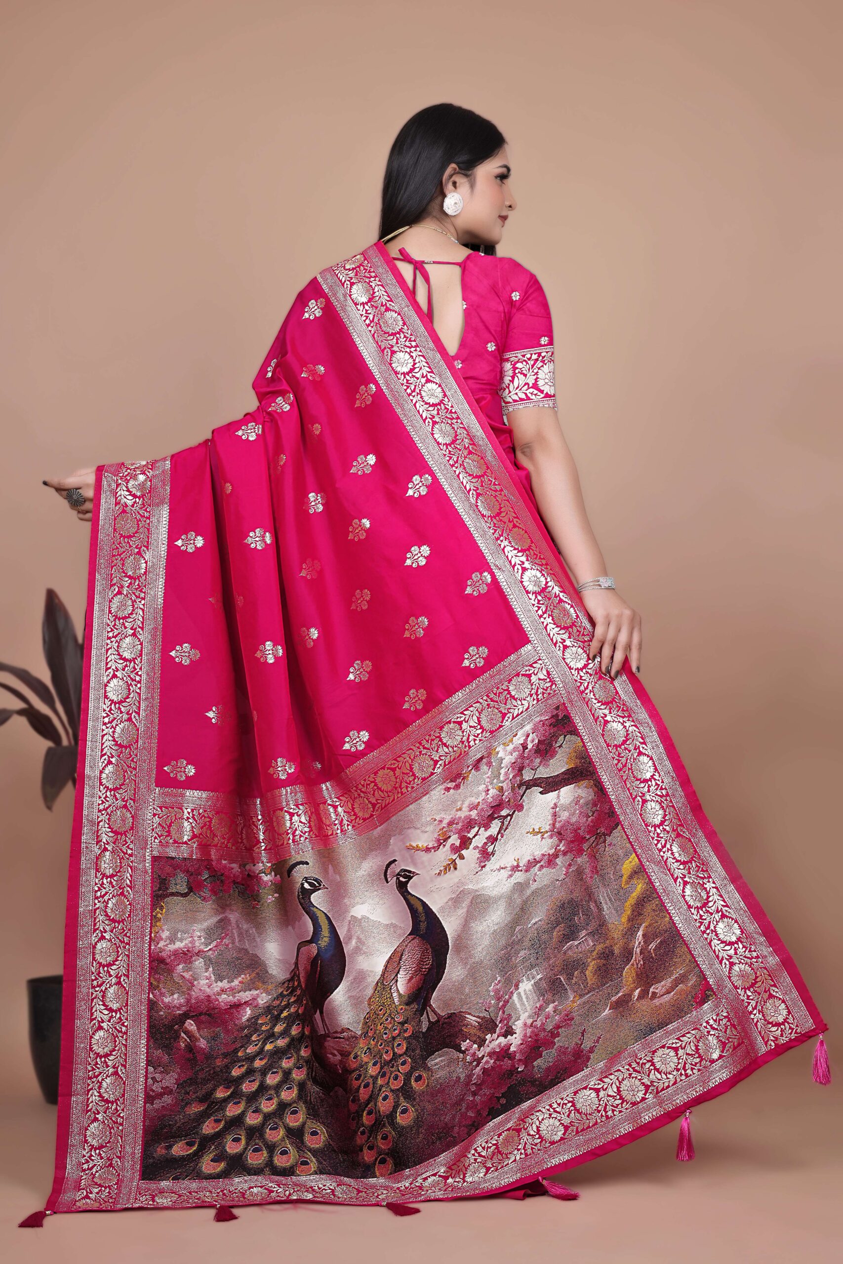 Majestic Magenta Silk Saree with Silver Zari & Twin Peacock Pallu | Wedding, Festive & Traditional Wear
