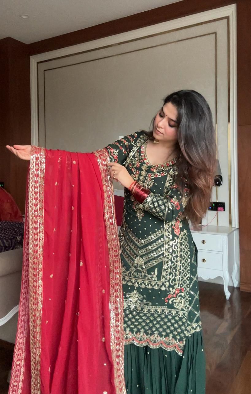 Embroidered Velvet Sharara Suit – Emerald Green with Red Dupatta