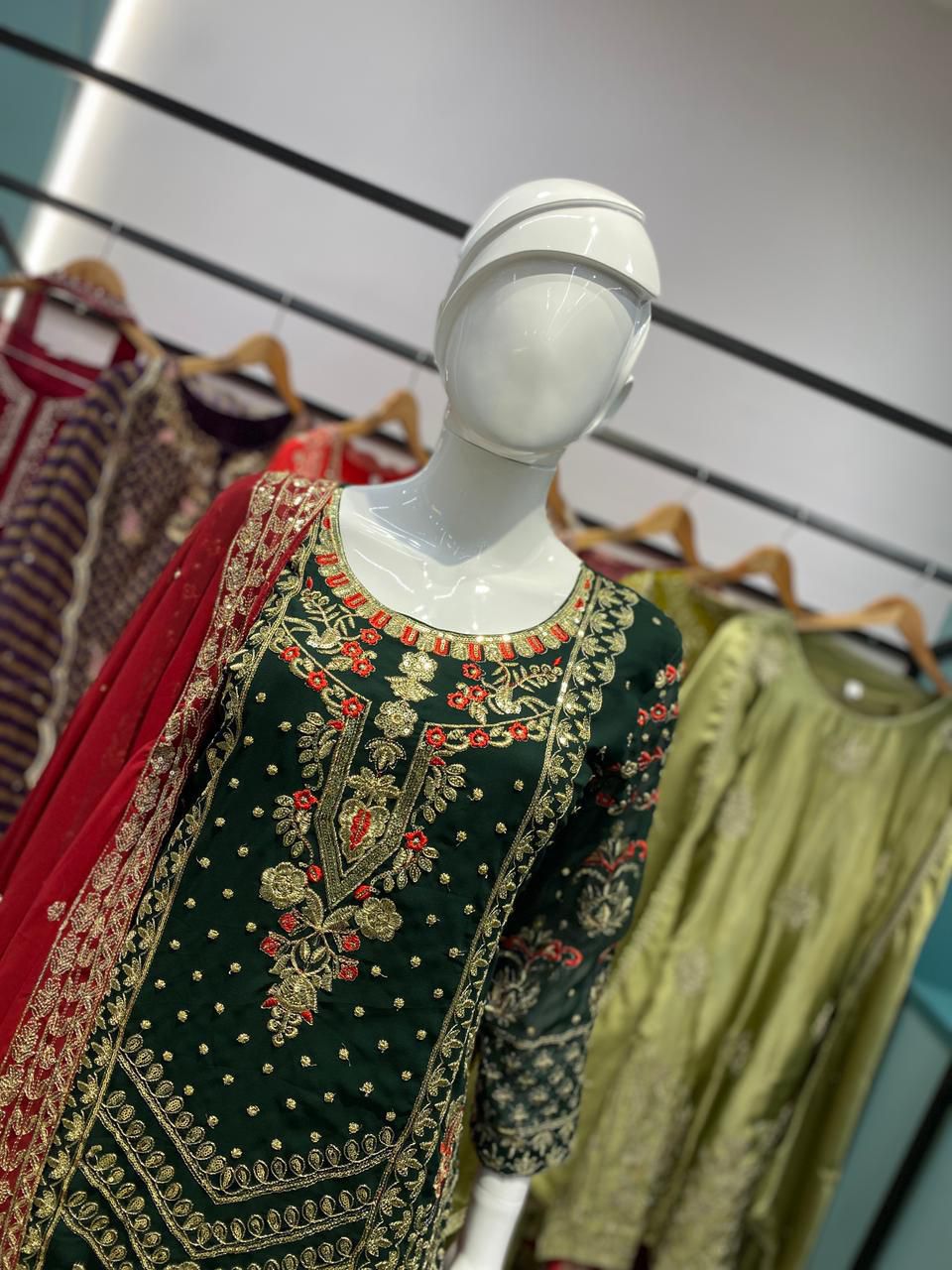Embroidered Velvet Sharara Suit – Emerald Green with Red Dupatta